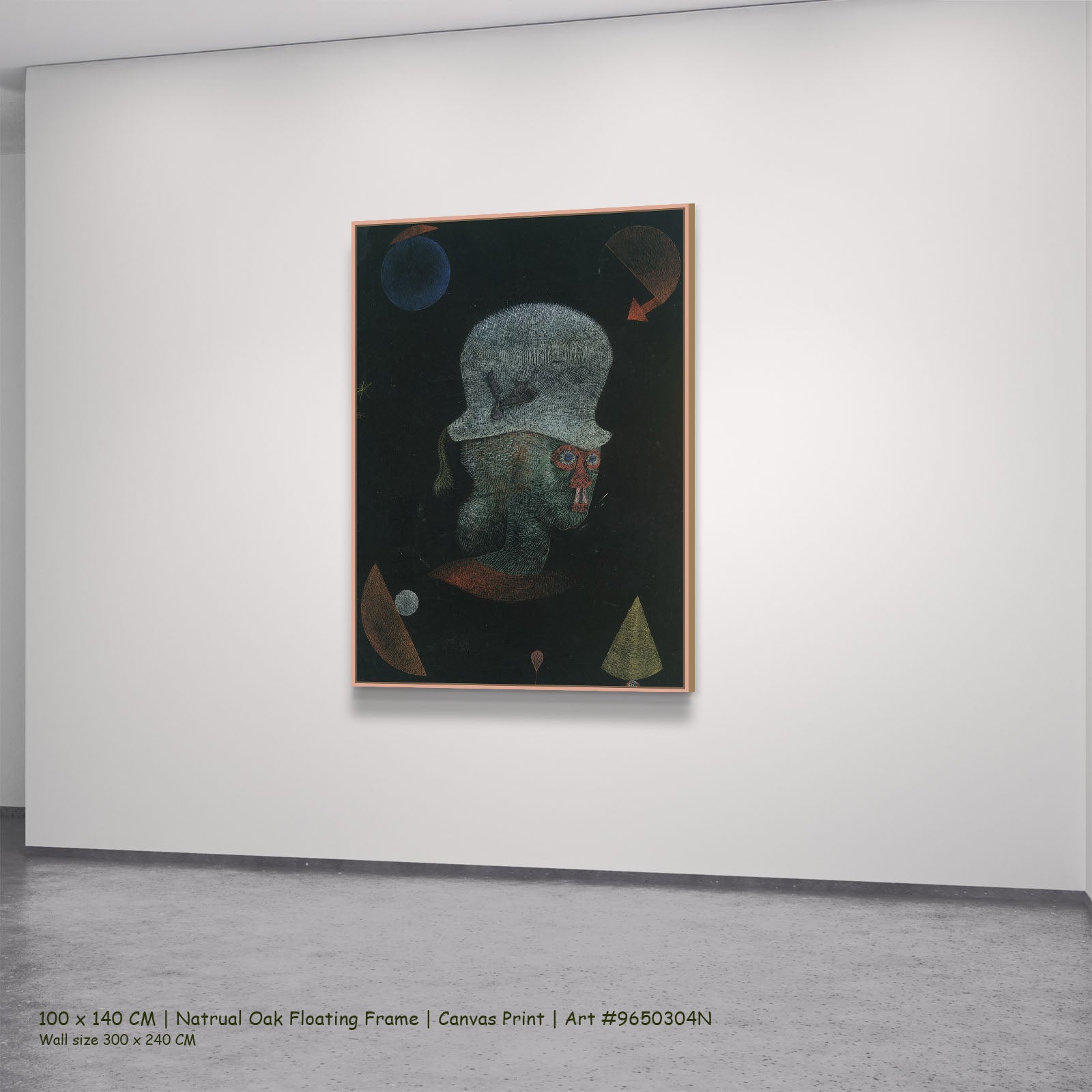 Astrological Fantasy Portrait by Paul Klee in a natural oak floating frame, large green and black Abstract canvas