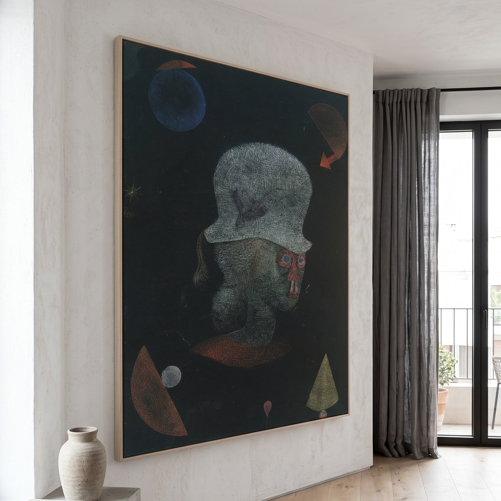 Astrological Fantasy Portrait by Paul Klee — large green and black Abstract canvas art on a hallway wall