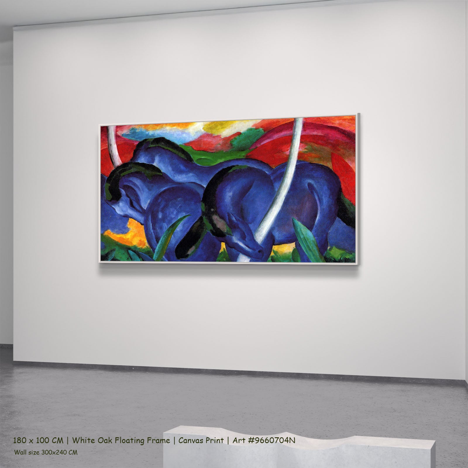 The Large Blue Horses by Franz Marc in a white oak floating frame, large blue and red Expressionist Abstract canvas