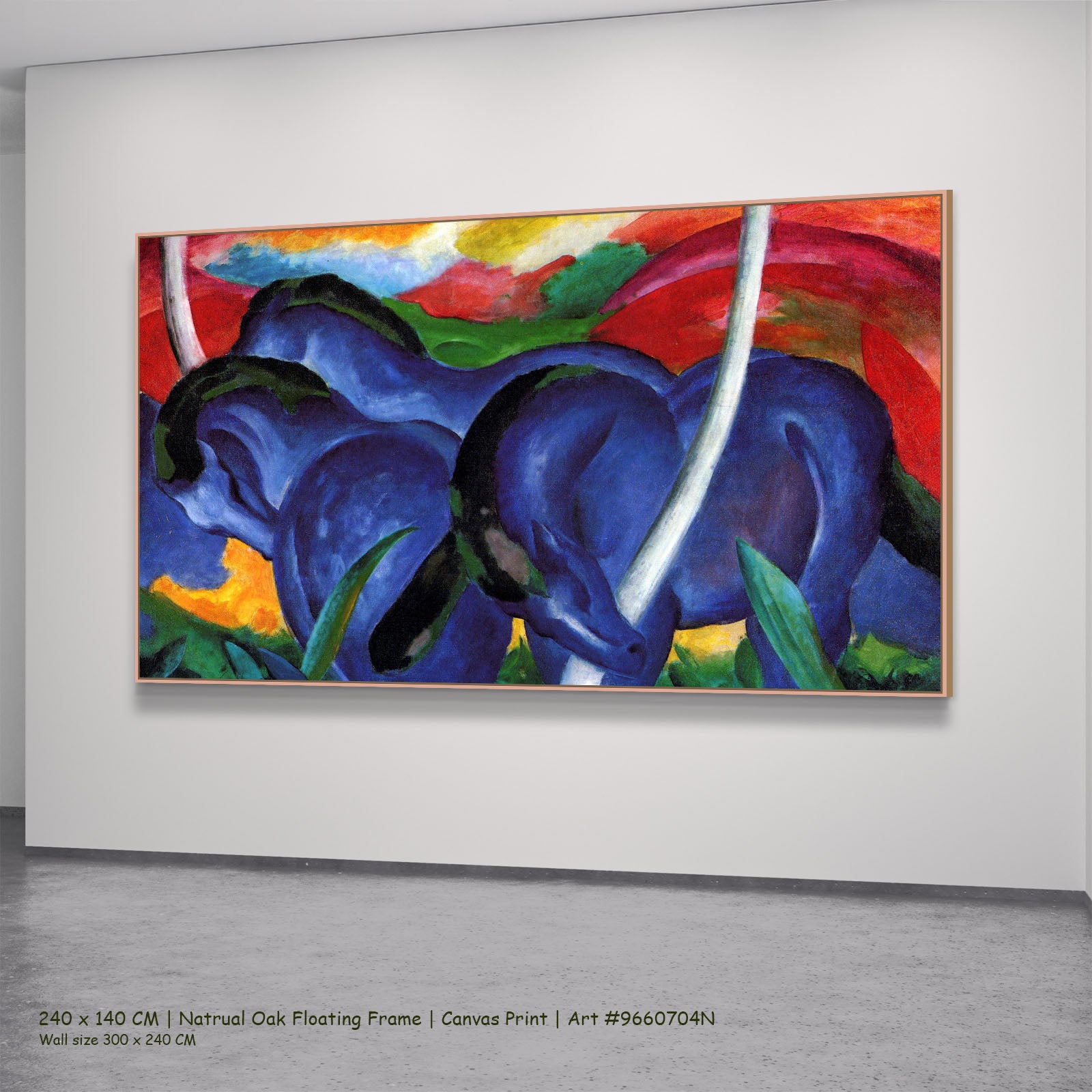 The Large Blue Horses by Franz Marc in a natural oak floating frame, large blue and red Expressionist Abstract canvas
