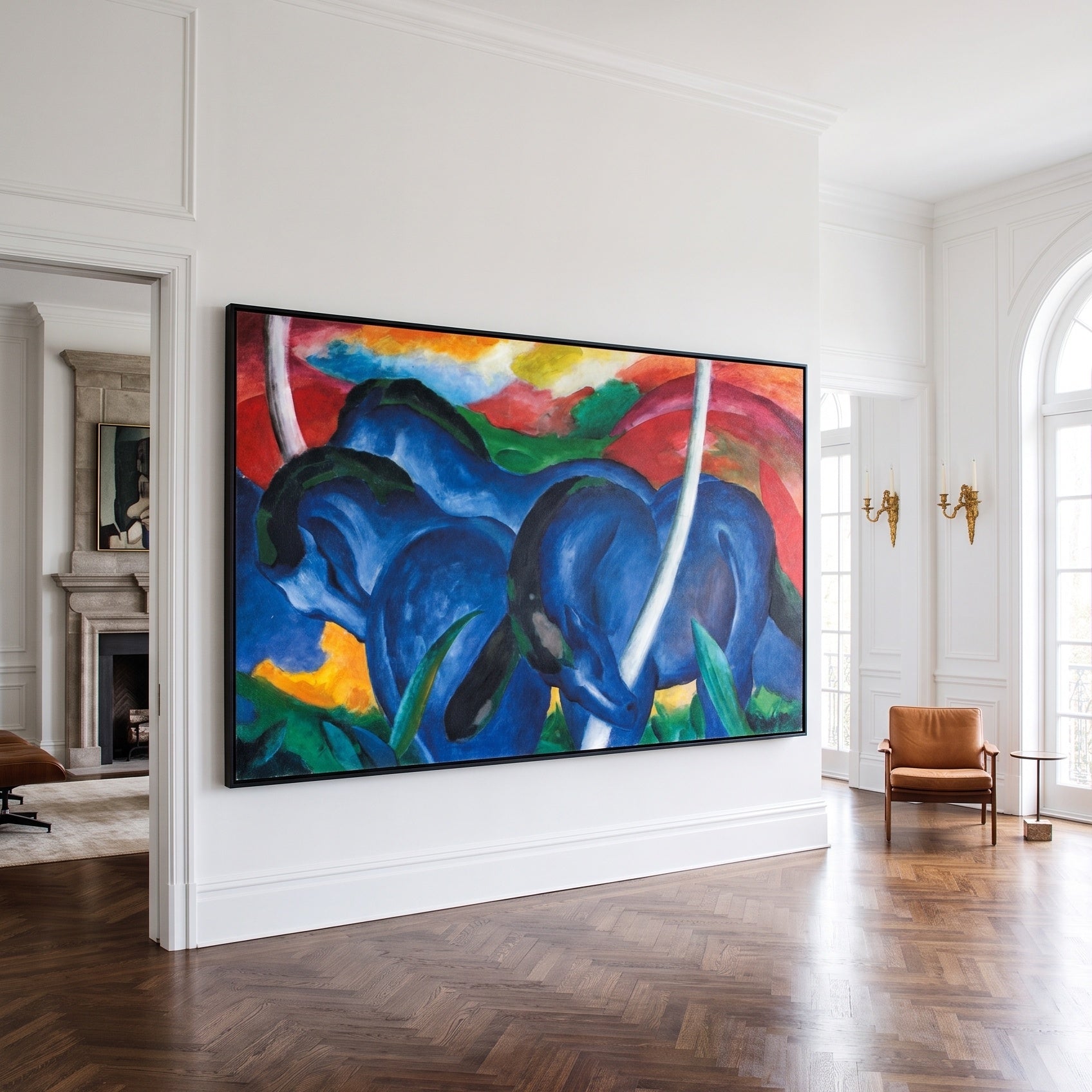 The Large Blue Horses by Franz Marc — large blue and red Expressionist Abstract canvas art on a hallway wall