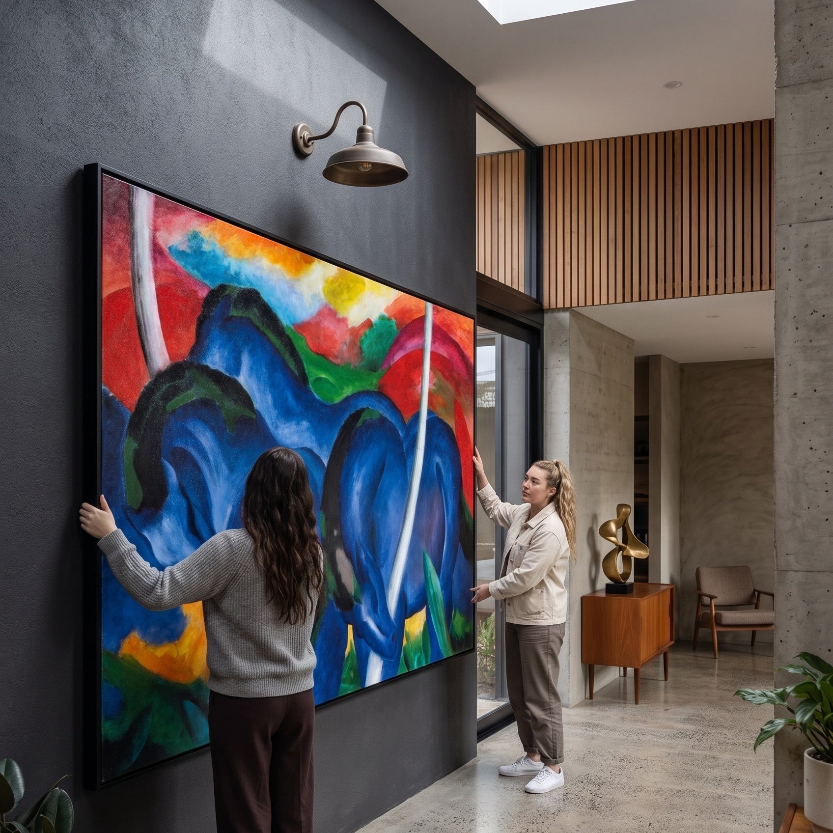 The Large Blue Horses by Franz Marc — large blue and red Expressionist Abstract canvas art on a entryway wall