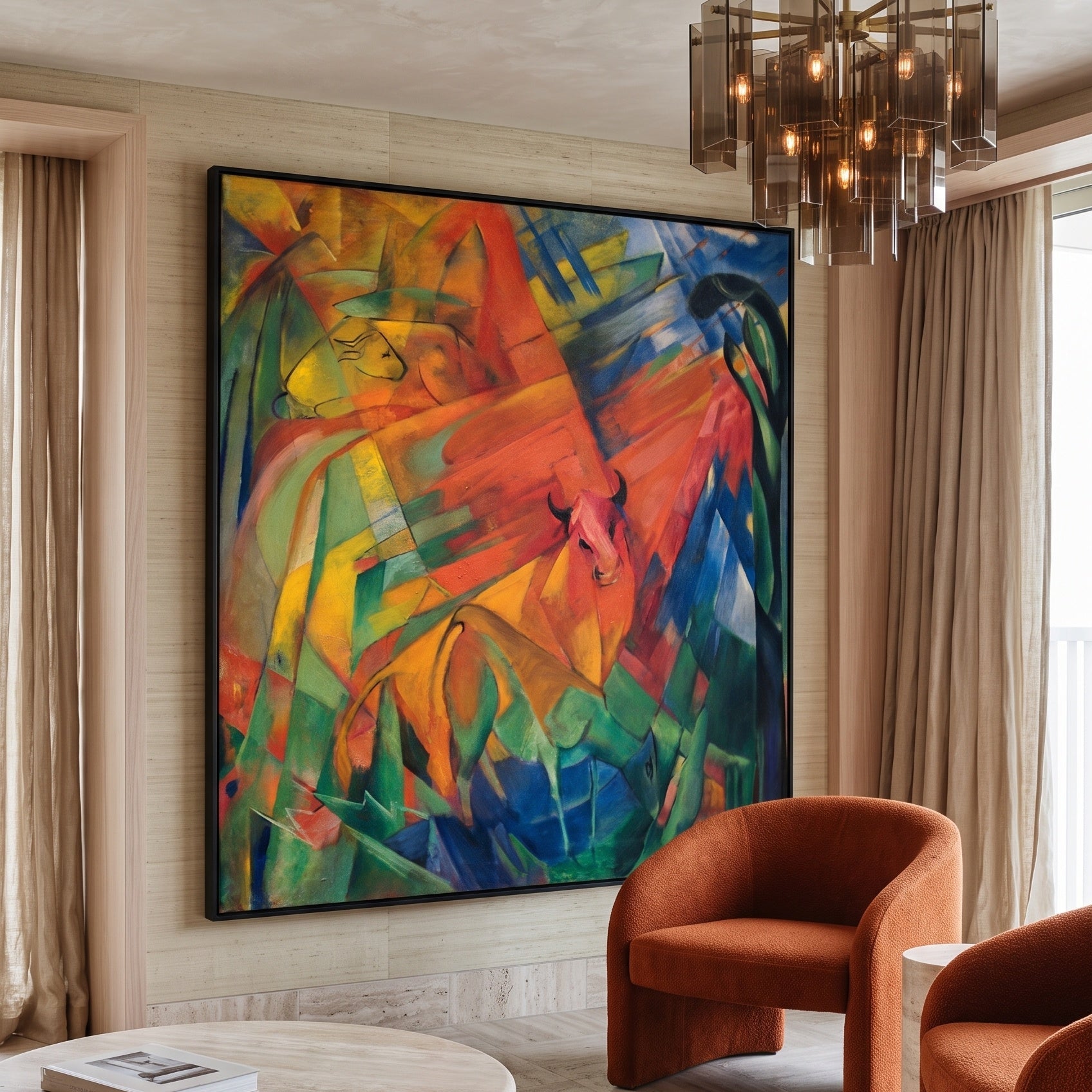 Animals in a Landscape by Franz Marc — large red and green Expressionist Abstract canvas art displayed on a wall