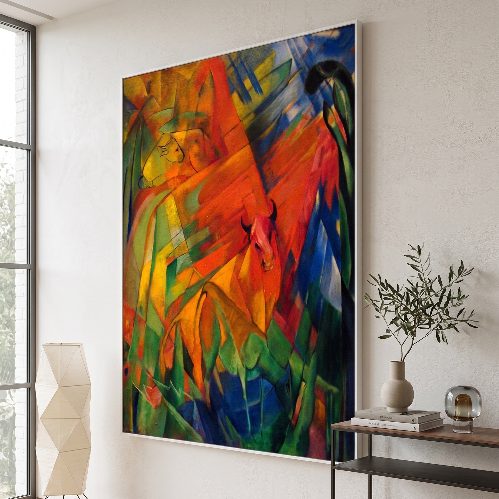 Animals in a Landscape by Franz Marc — large red and green Expressionist Abstract canvas art on a living room wall