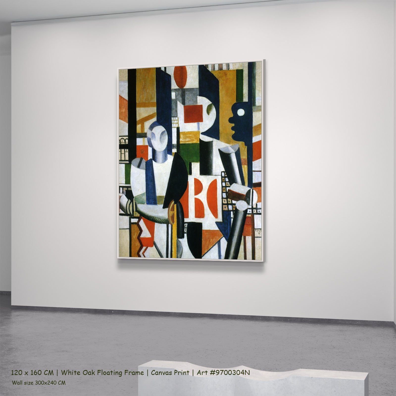 Men in the City by Fernand Léger in a white oak floating frame, large orange and white Cubist Abstract canvas