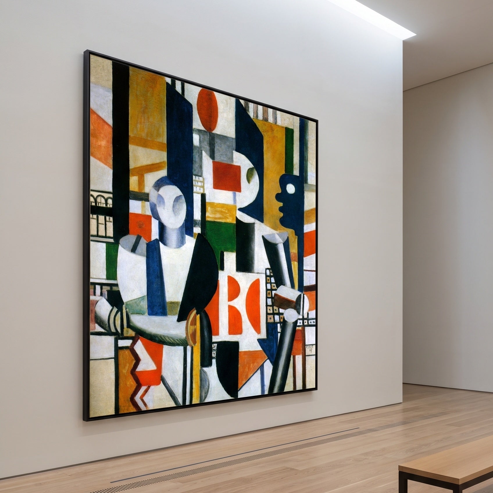 Men in the City by Fernand Léger — large orange and white Cubist Abstract canvas art on a hallway wall