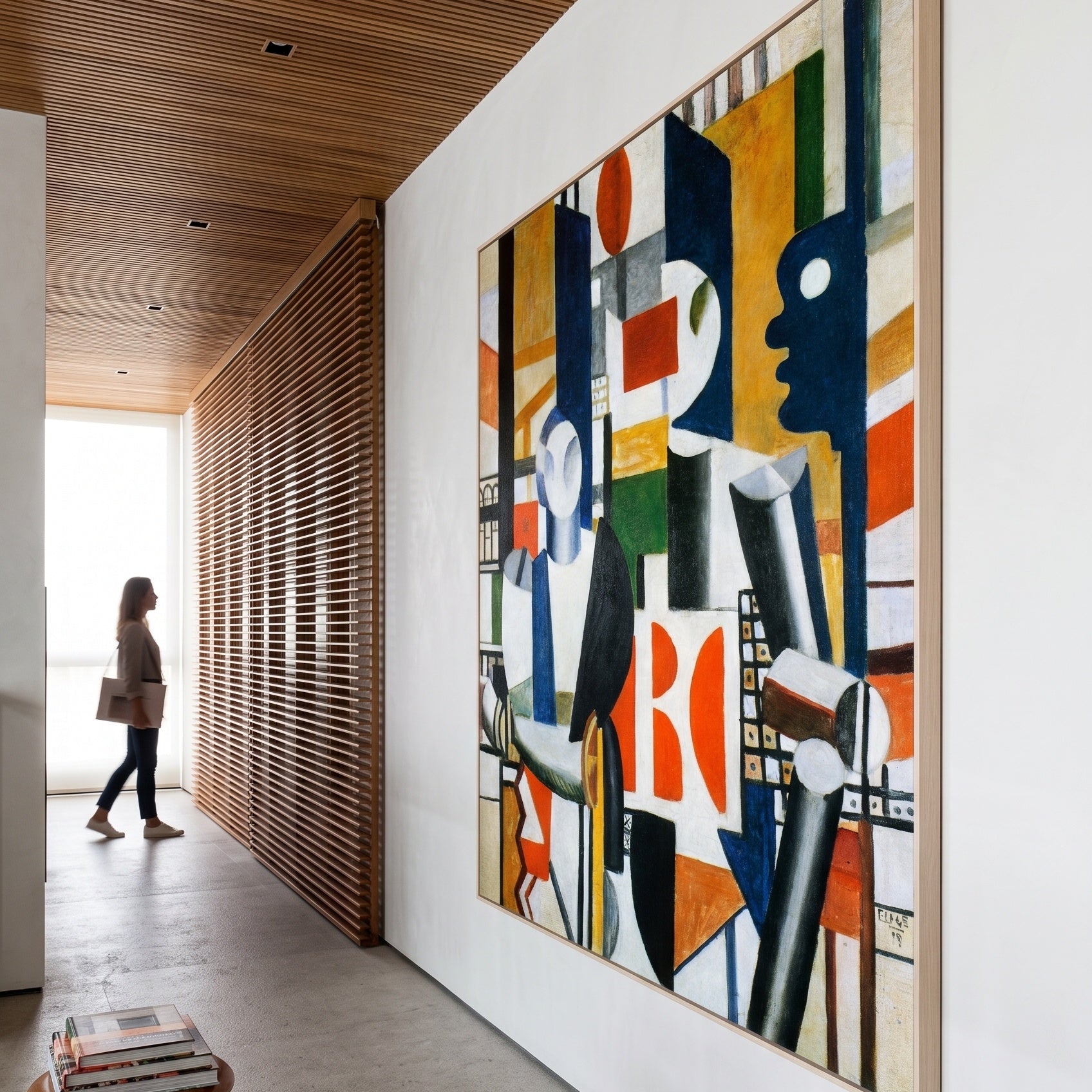 Men in the City by Fernand Léger — large orange and white Cubist Abstract canvas art on a hallway wall