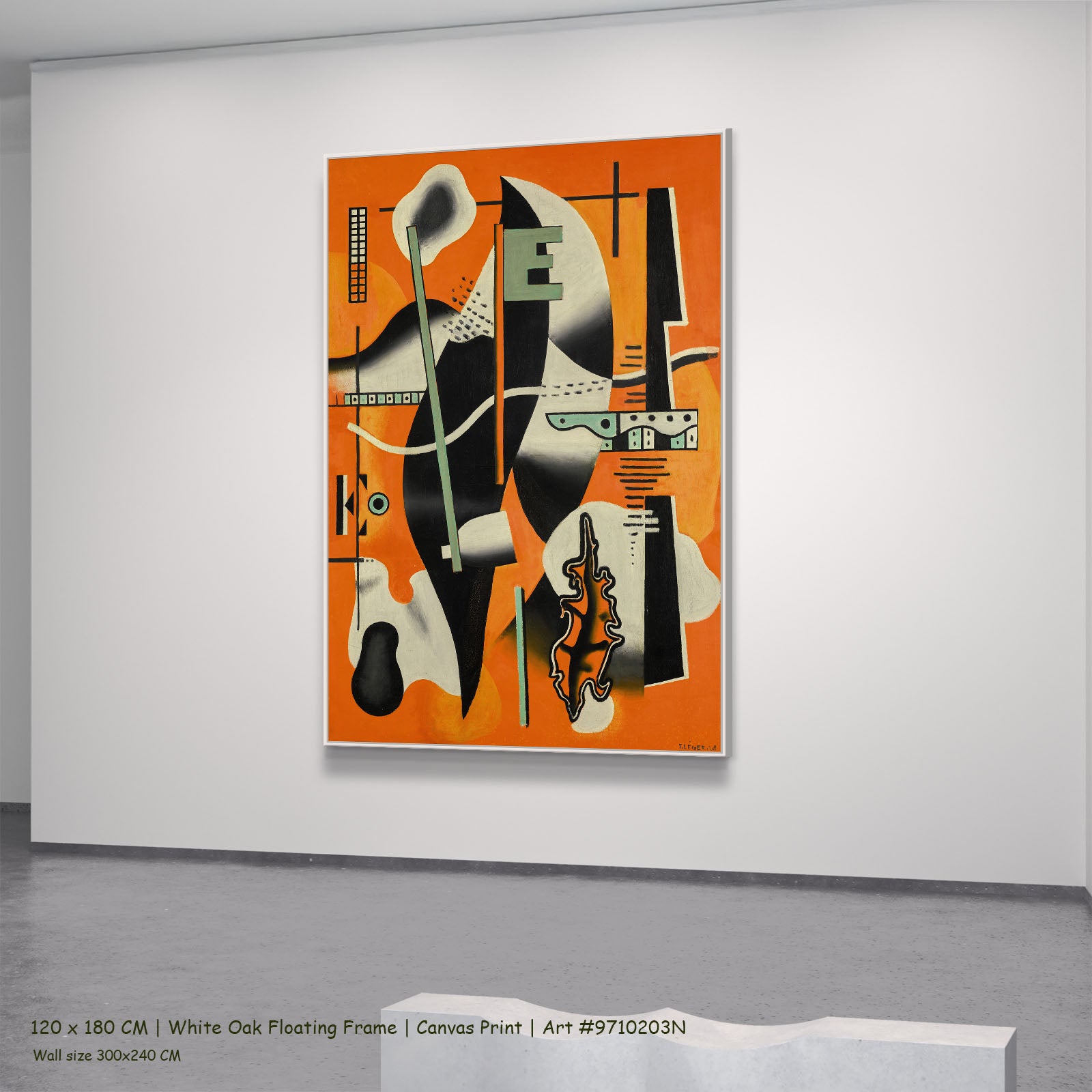 Nature morte à la pipe sur by Fernand Léger in a white oak floating frame, large orange and black Cubist Abstract canvas