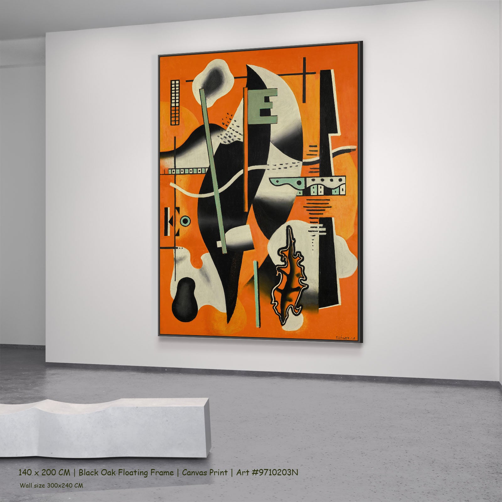 Nature morte à la pipe sur by Fernand Léger in a black oak floating frame, large orange and black Cubist Abstract canvas