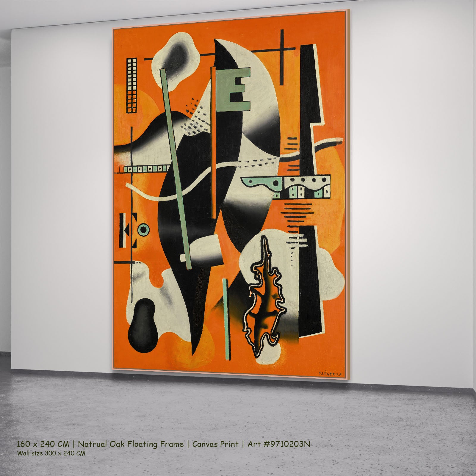 Nature morte à la pipe sur by Fernand Léger in a natural oak floating frame, large orange and black Cubist Abstract canvas