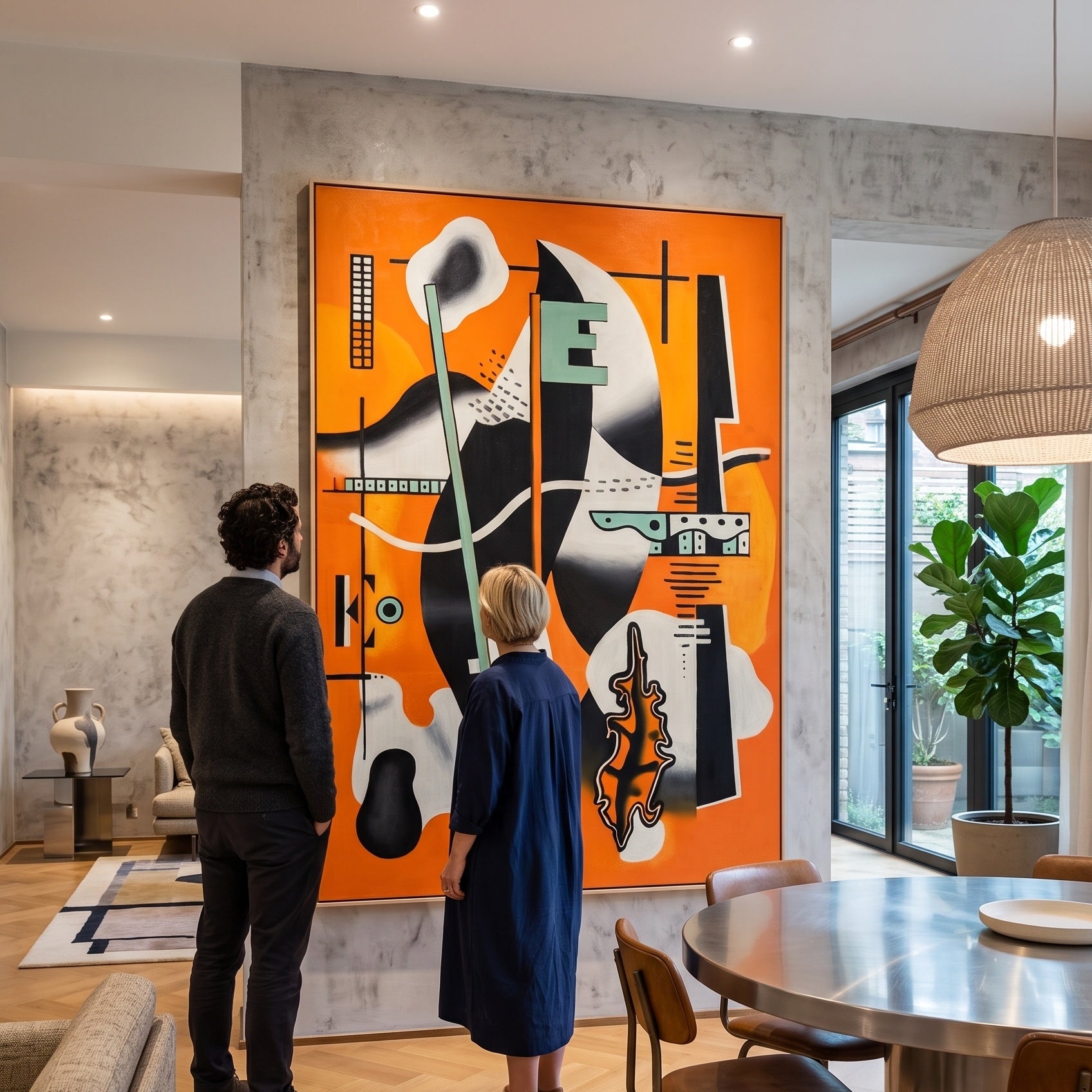 Nature morte à la pipe sur by Fernand Léger — large orange and black Cubist Abstract canvas art displayed on a wall