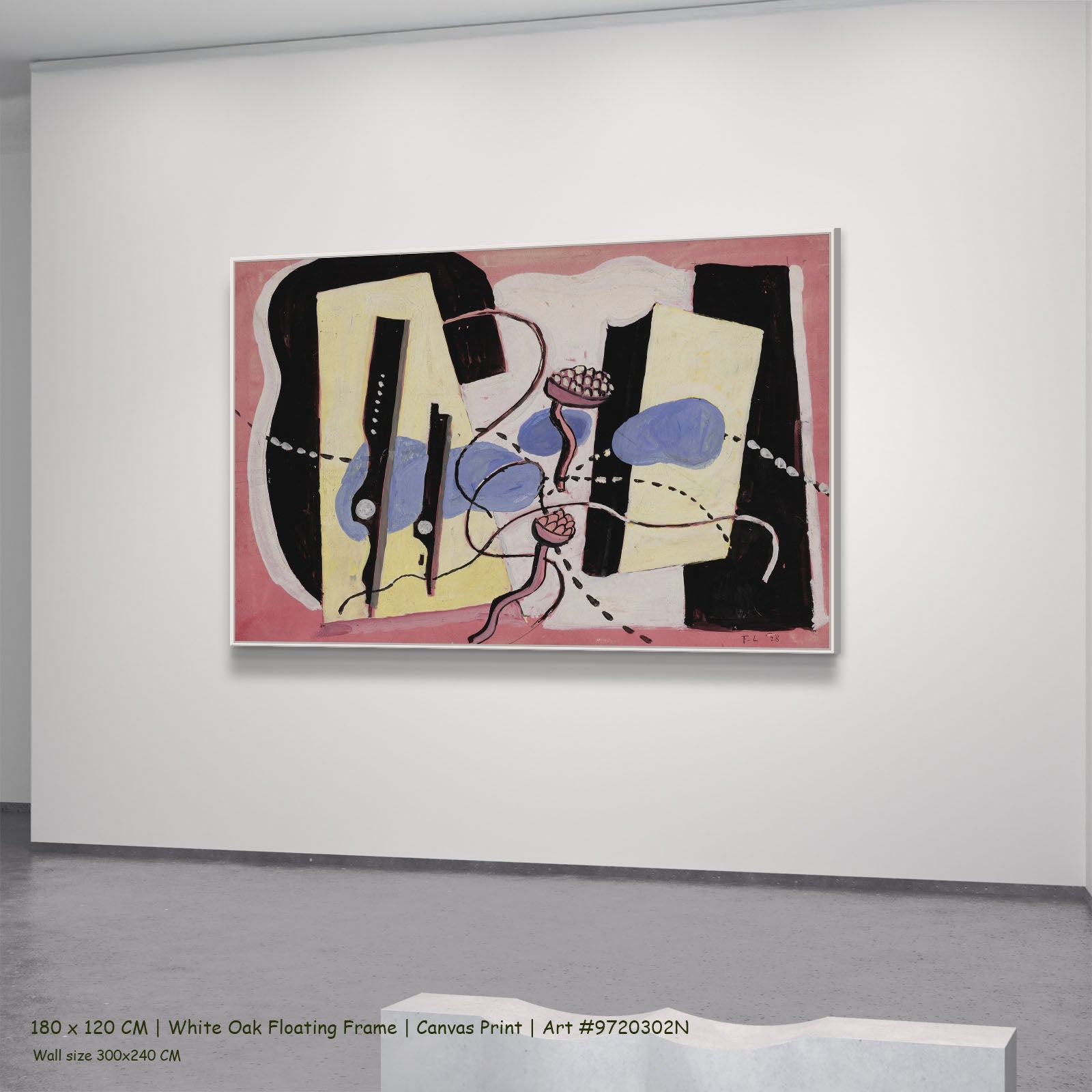 Nature Morte by Fernand Léger in a white oak floating frame, large yellow and black Cubist Abstract canvas