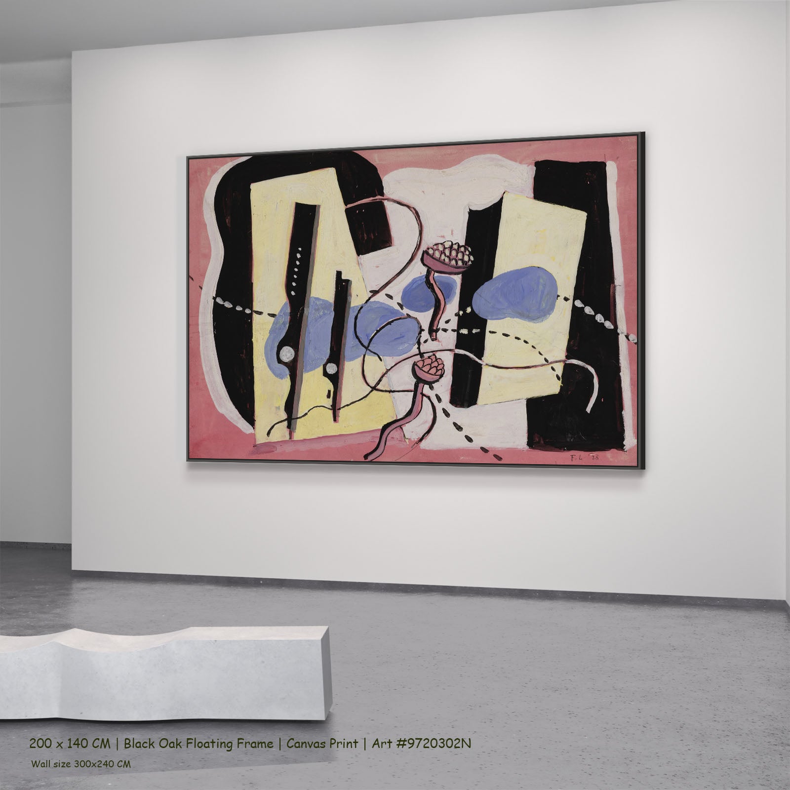 Nature Morte by Fernand Léger in a black oak floating frame, large yellow and black Cubist Abstract canvas