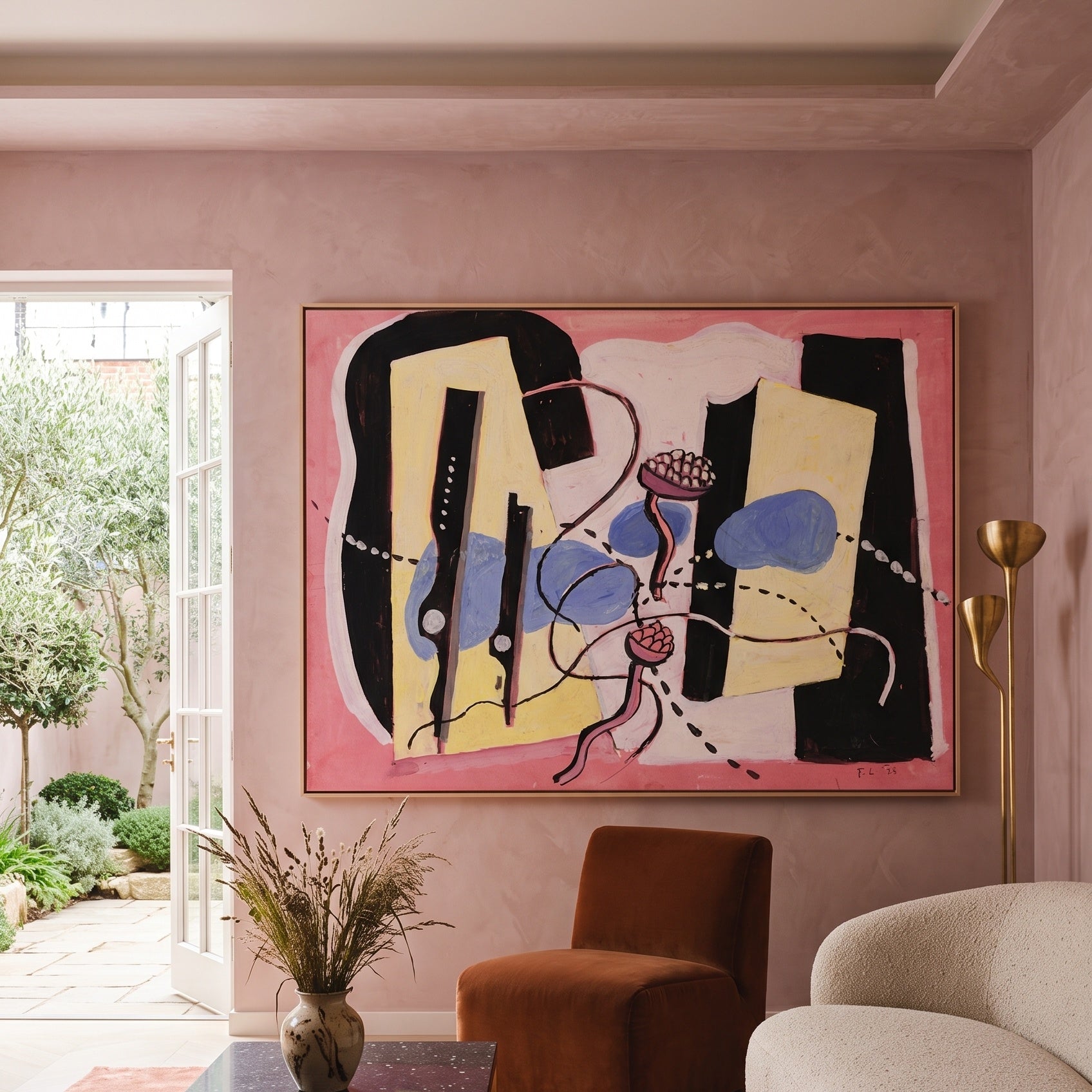 Nature Morte by Fernand Léger — large yellow and black Cubist Abstract canvas art on a living room wall