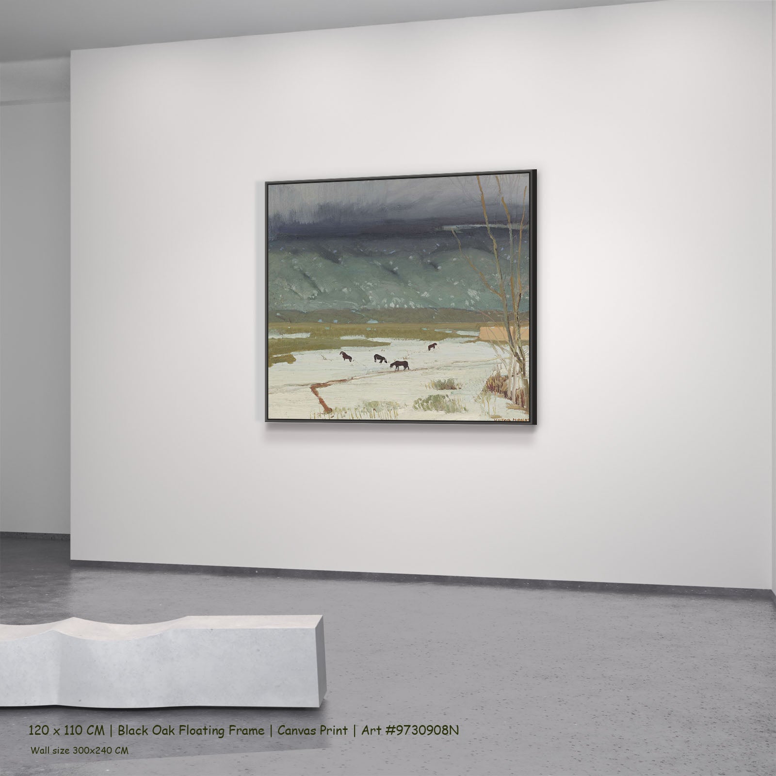 Grazing Horses in Melting Snow by Victor Higgins in a black oak floating frame, large green and grey Landscape canvas