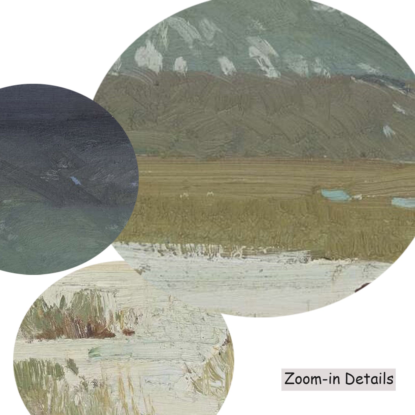 Close-up detail of the brushwork on Grazing Horses in Melting Snow, a large green and grey Landscape canvas by Victor Higgins