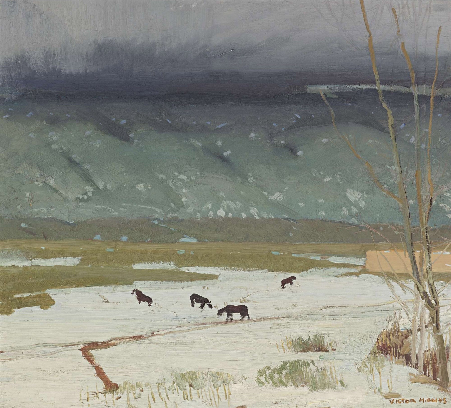 Large green and grey Landscape canvas print of Grazing Horses in Melting Snow by Victor Higgins