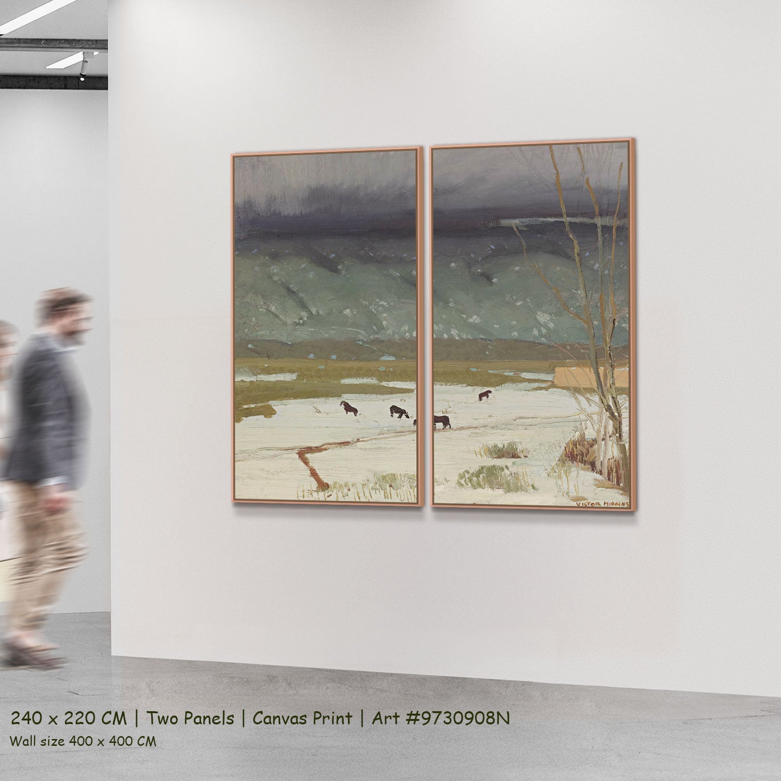 Grazing Horses in Melting Snow by Victor Higgins as a large two-panel green and grey Landscape canvas set