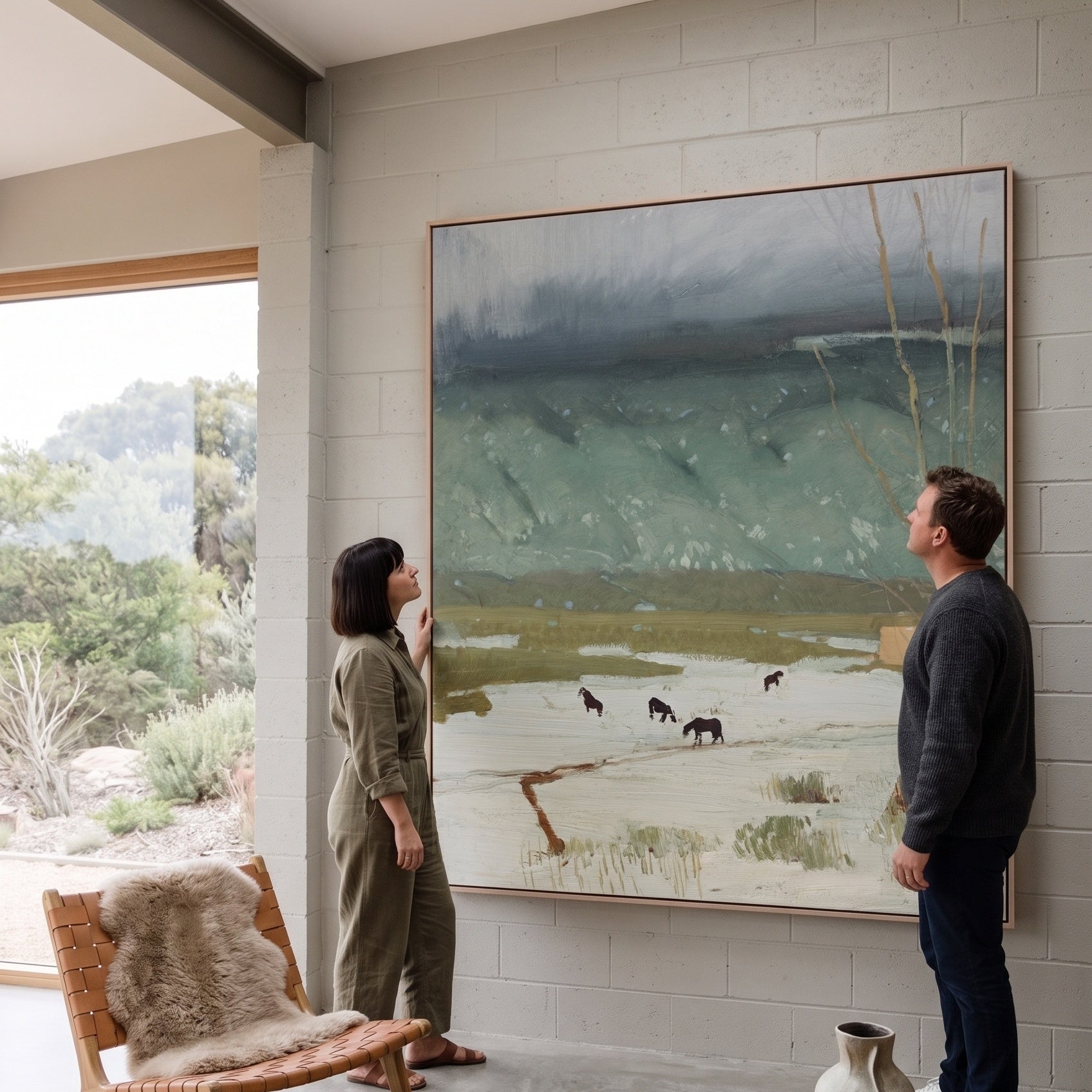 Grazing Horses in Melting Snow by Victor Higgins — large green and grey Landscape canvas art on a living room wall