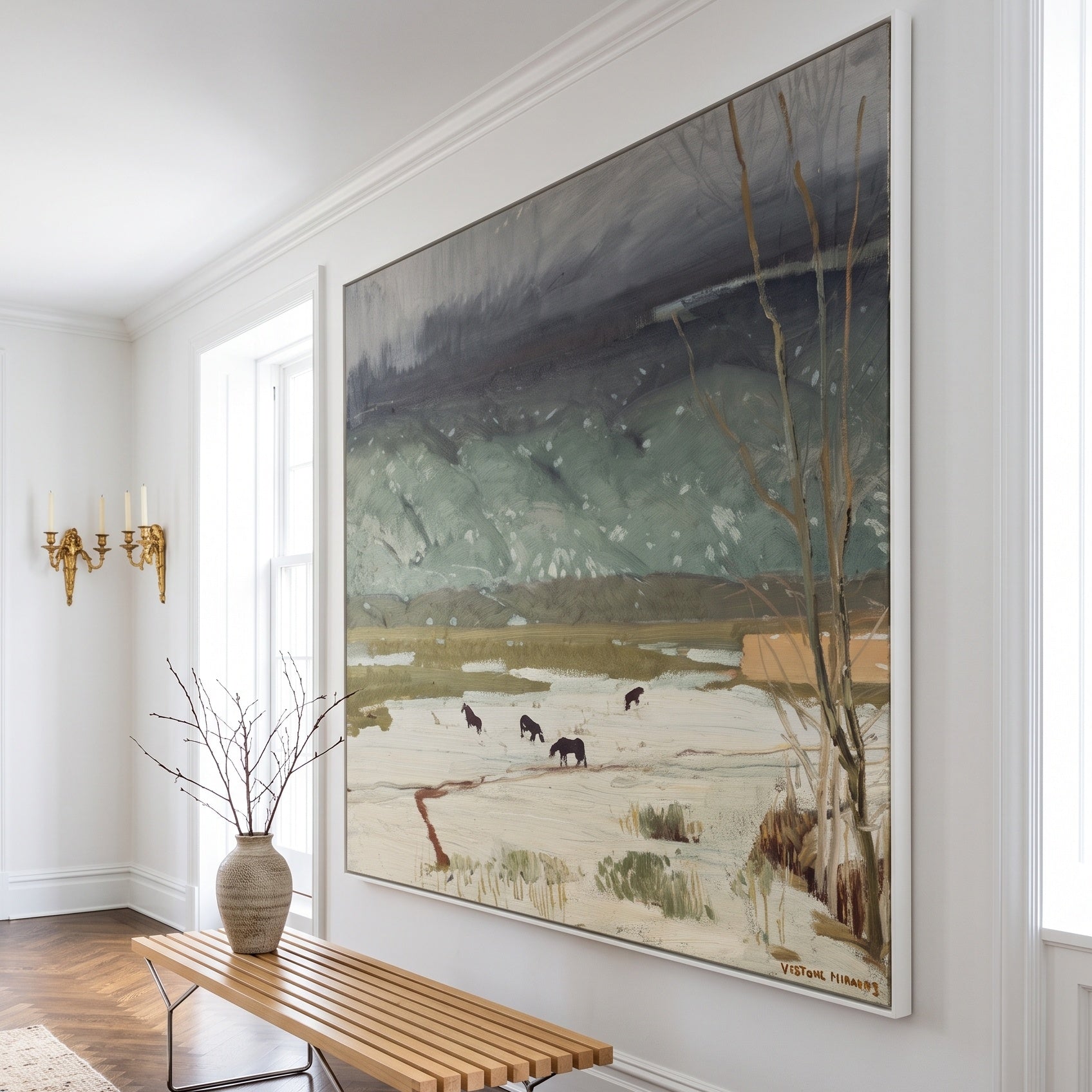 Grazing Horses in Melting Snow by Victor Higgins — large green and grey Landscape canvas art on a hallway wall