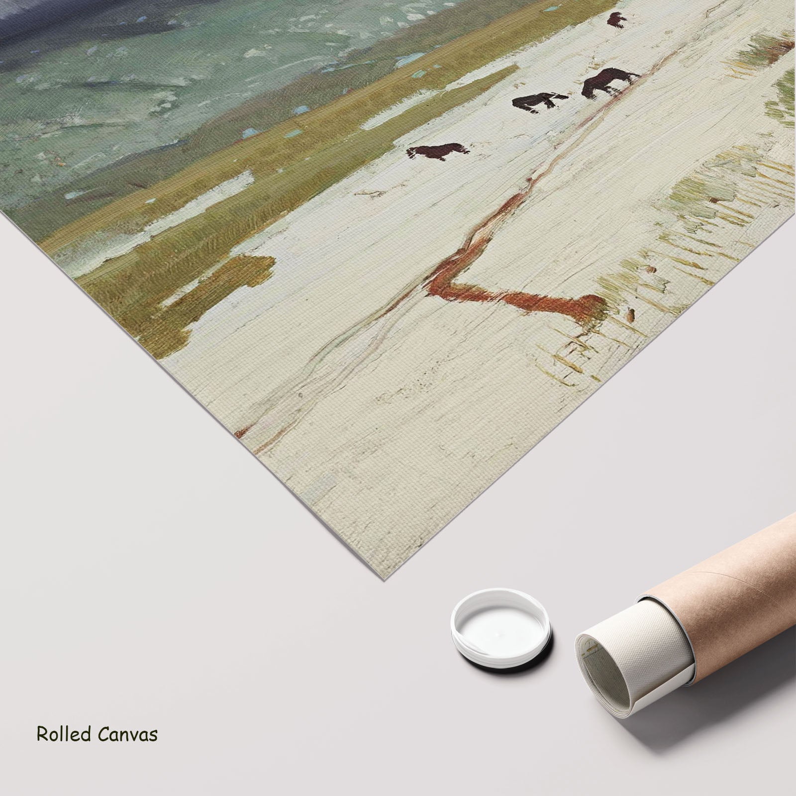 Grazing Horses in Melting Snow by Victor Higgins as a large rolled green and grey Landscape canvas print