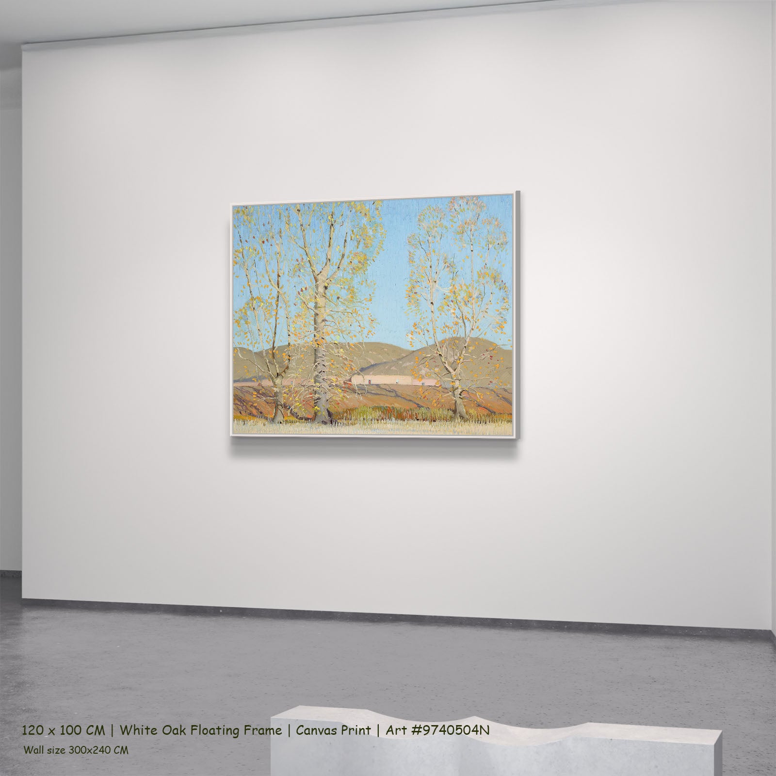 November — Country Landscape by Victor Higgins in a white oak floating frame, large light blue and gold Landscape canvas