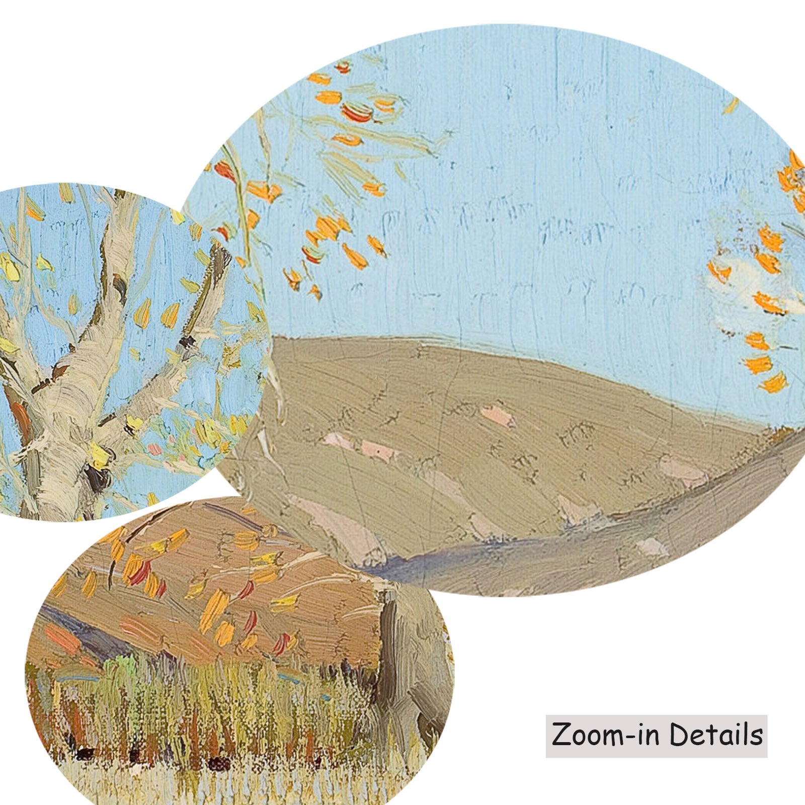Close-up detail of the brushwork on November — Country Landscape, a large light blue and gold Landscape canvas by Victor Higg