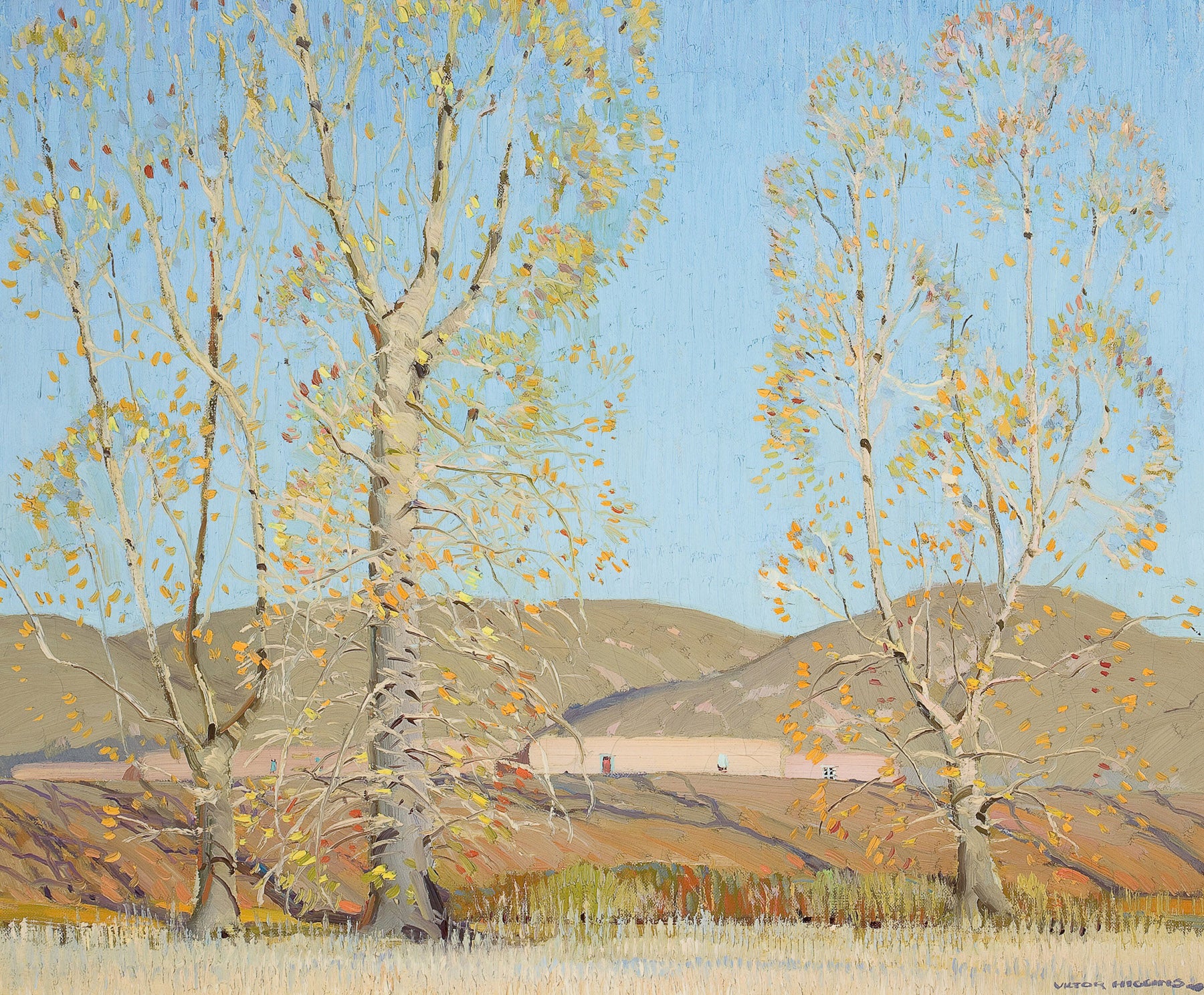 Large light blue and gold Landscape canvas print of November — Country Landscape by Victor Higgins