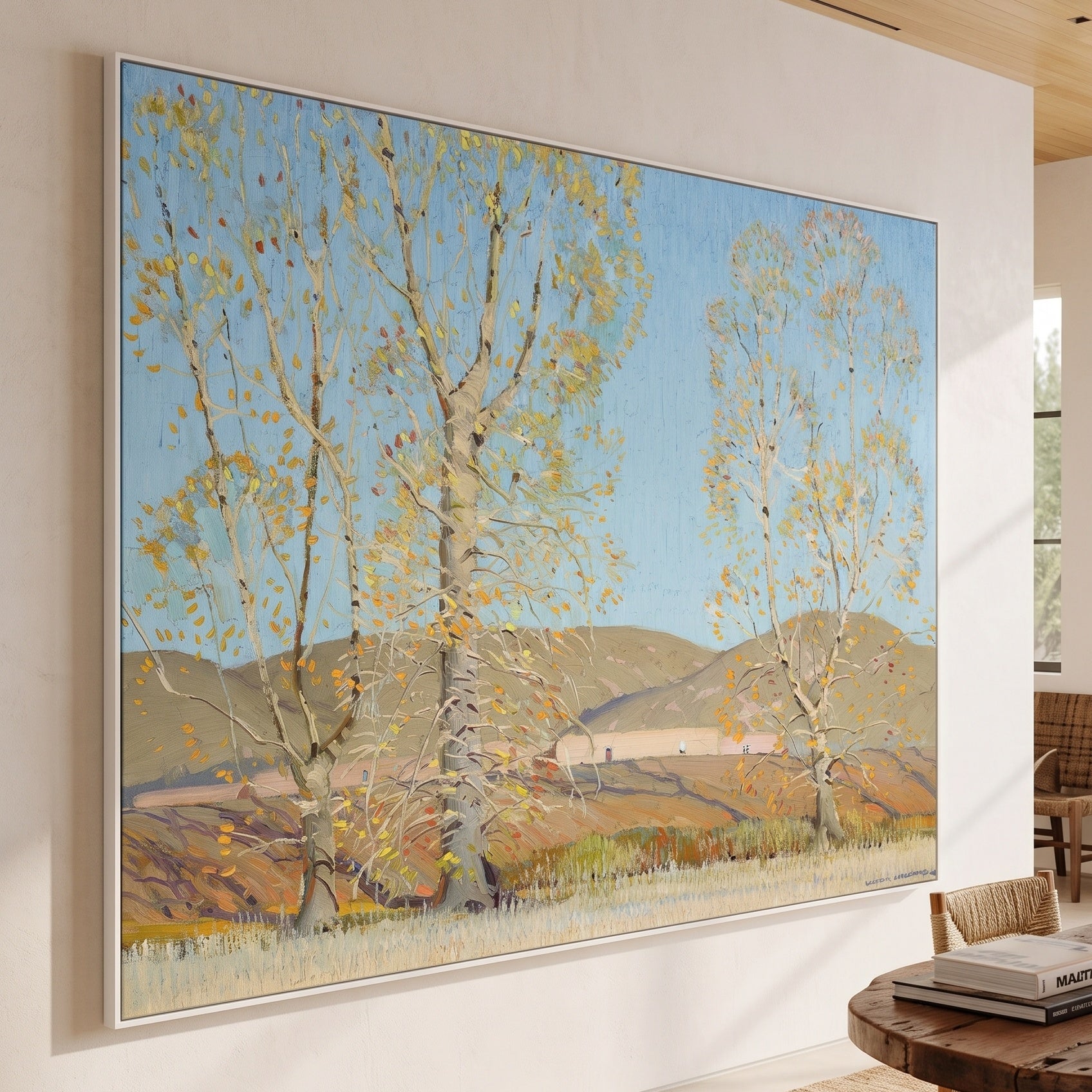 November — Country Landscape by Victor Higgins — large light blue and gold Landscape canvas art displayed on a wall