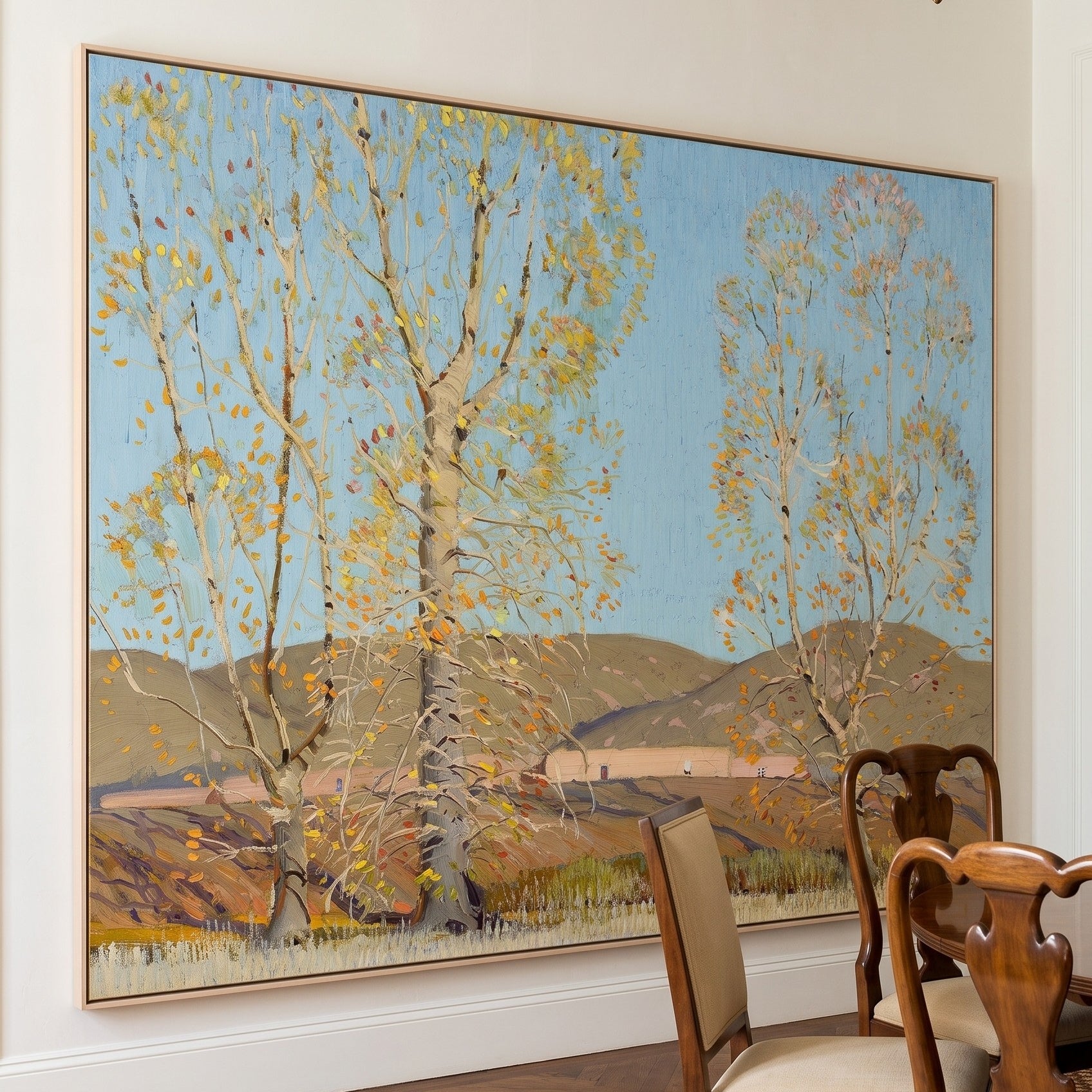 November — Country Landscape by Victor Higgins — large light blue and gold Landscape canvas art displayed on a wall
