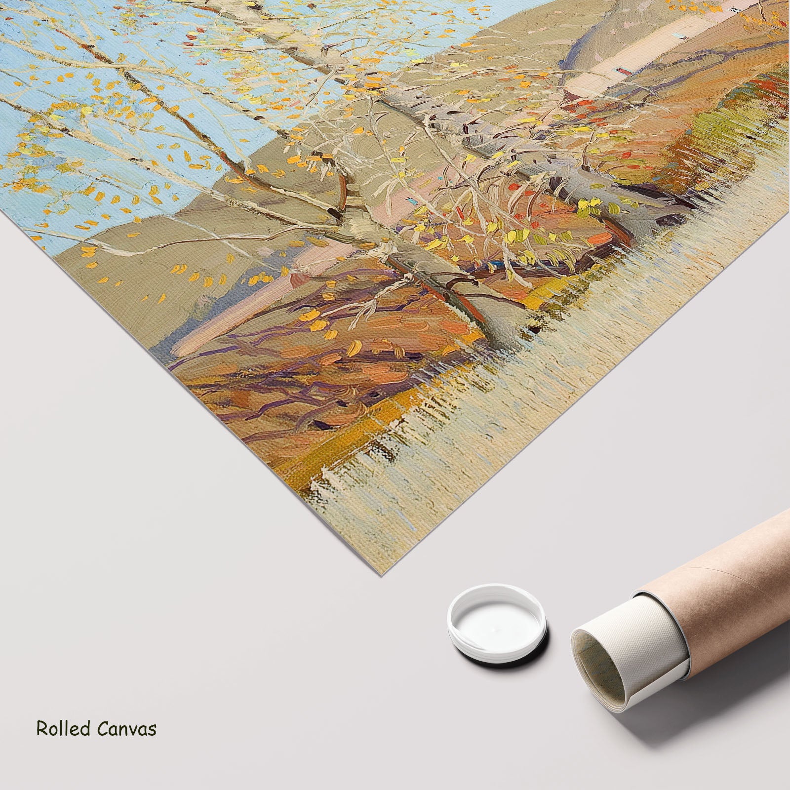 November — Country Landscape by Victor Higgins as a large rolled light blue and gold Landscape canvas print
