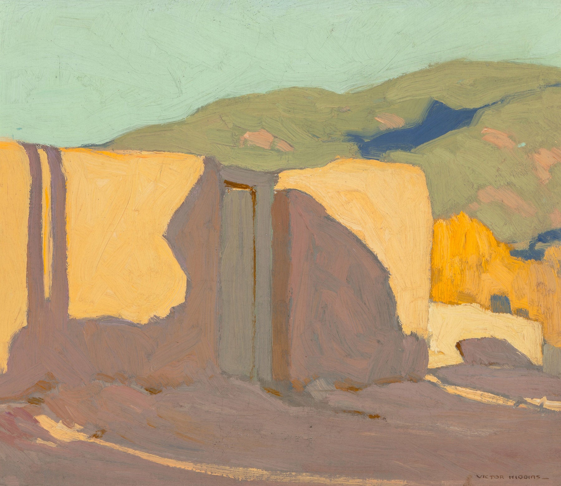 Large gold and grey Landscape canvas print of Shadow Street by Victor Higgins