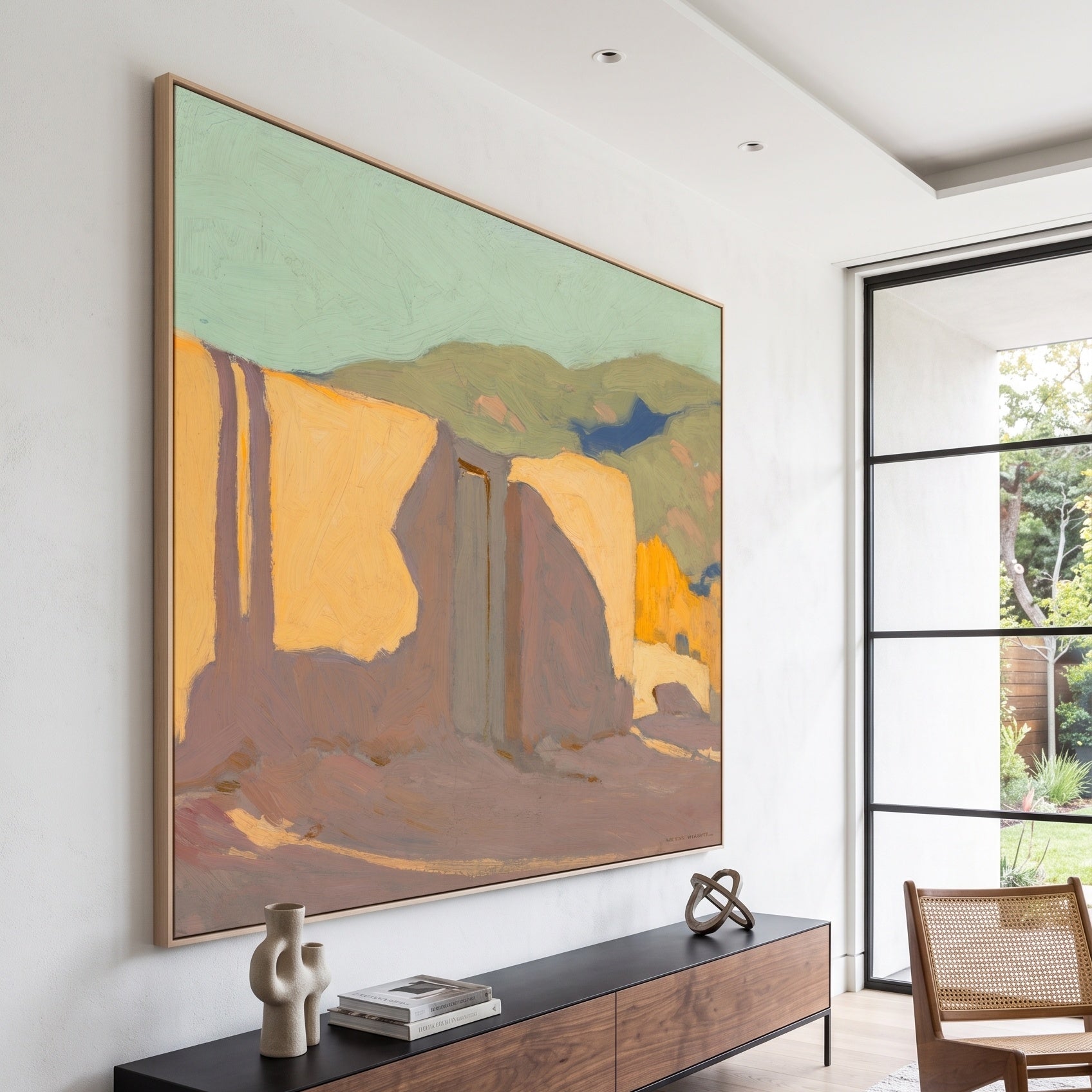 Shadow Street by Victor Higgins — large gold and grey Landscape canvas art on a hallway wall