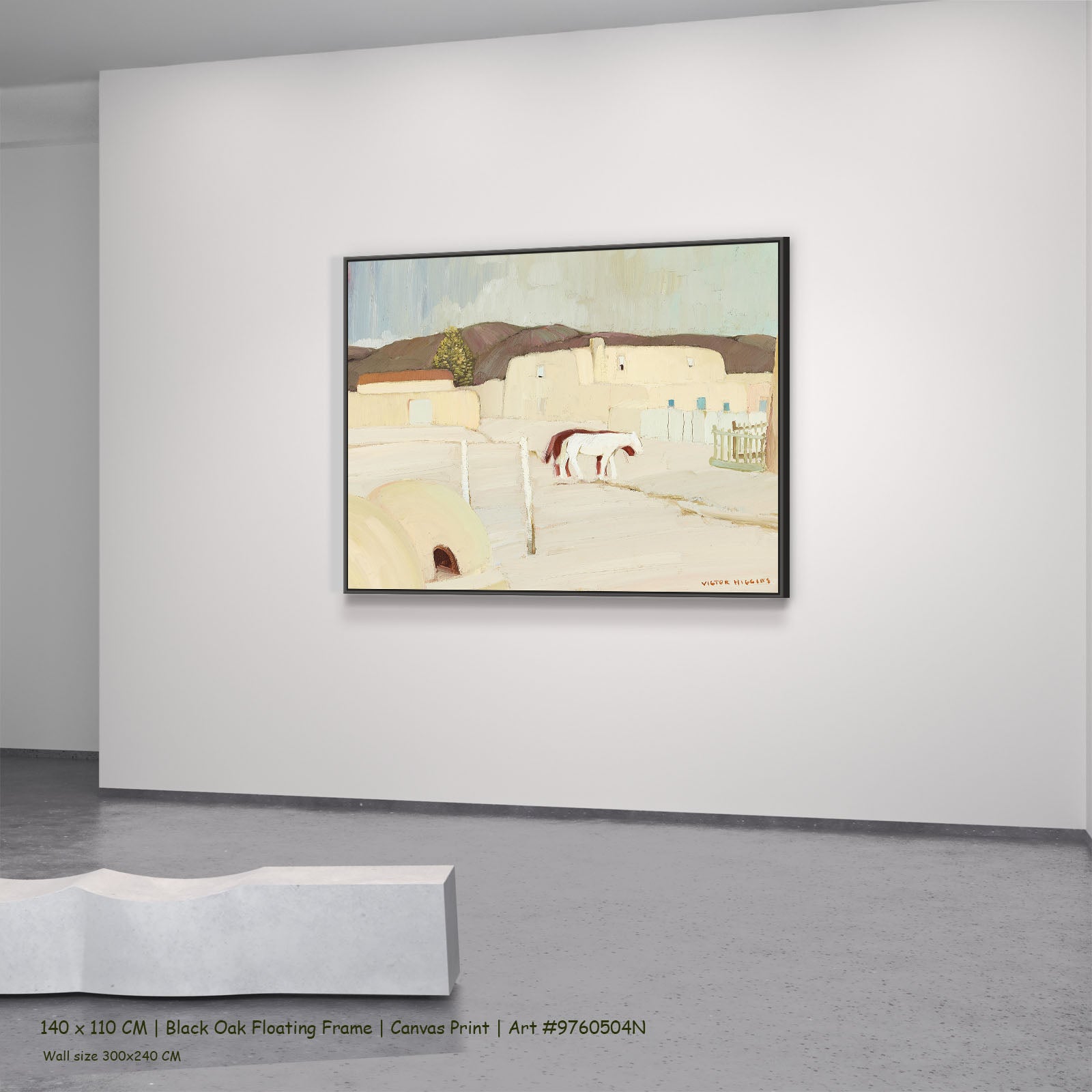 Taos Pueblo Courtyard with Horses by Victor Higgins in a black oak floating frame, large white and grey Landscape canvas