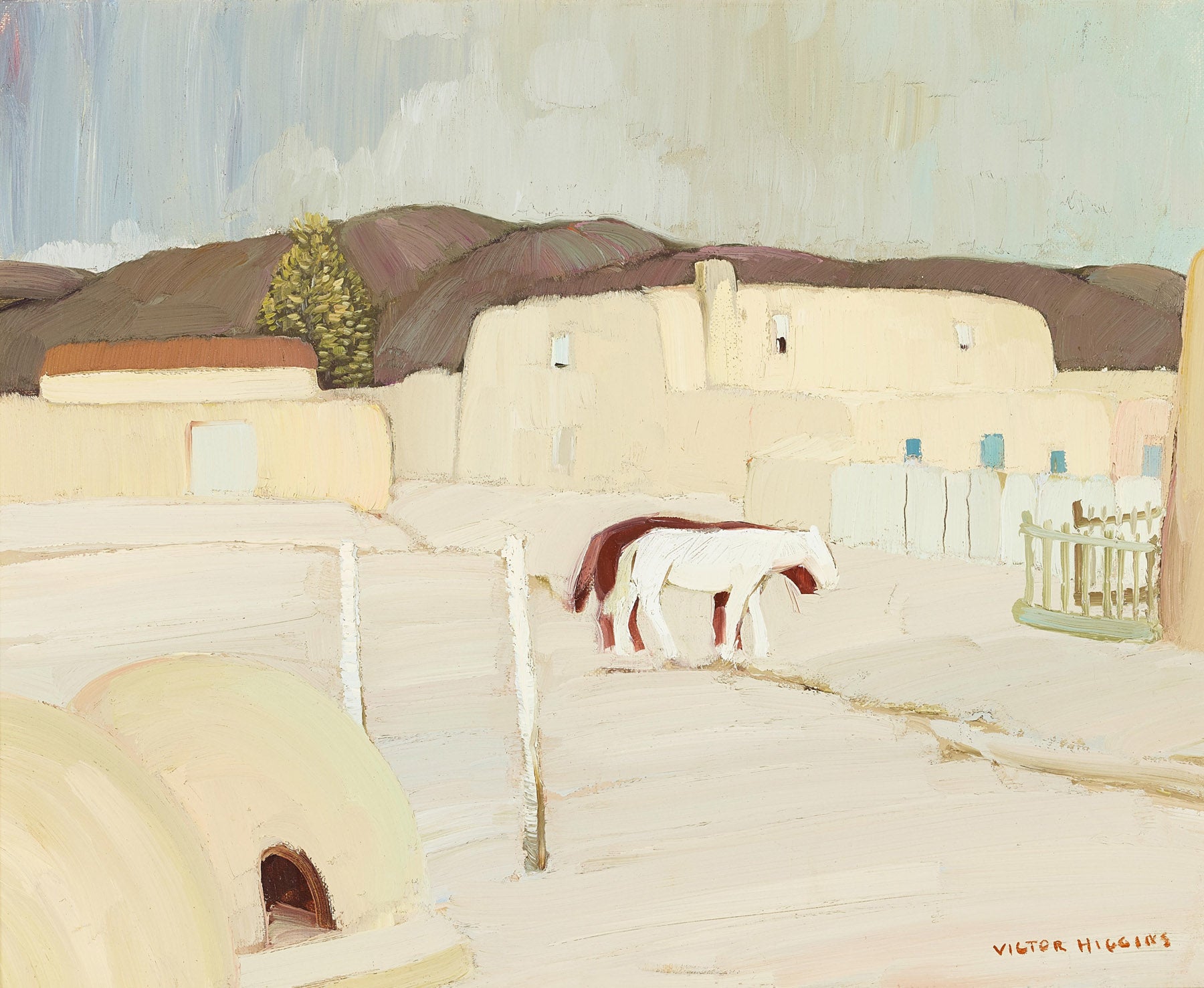 Large white and grey Landscape canvas print of Taos Pueblo Courtyard with Horses by Victor Higgins