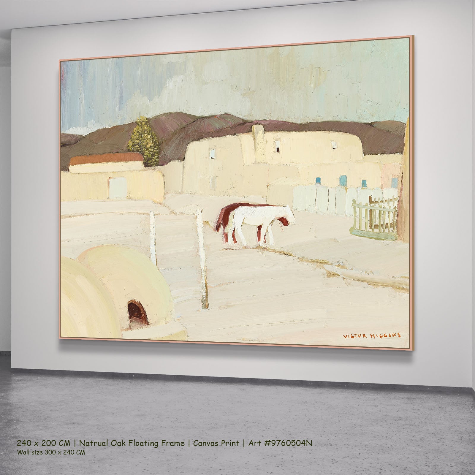 Taos Pueblo Courtyard with Horses by Victor Higgins in a natural oak floating frame, large white and grey Landscape canvas