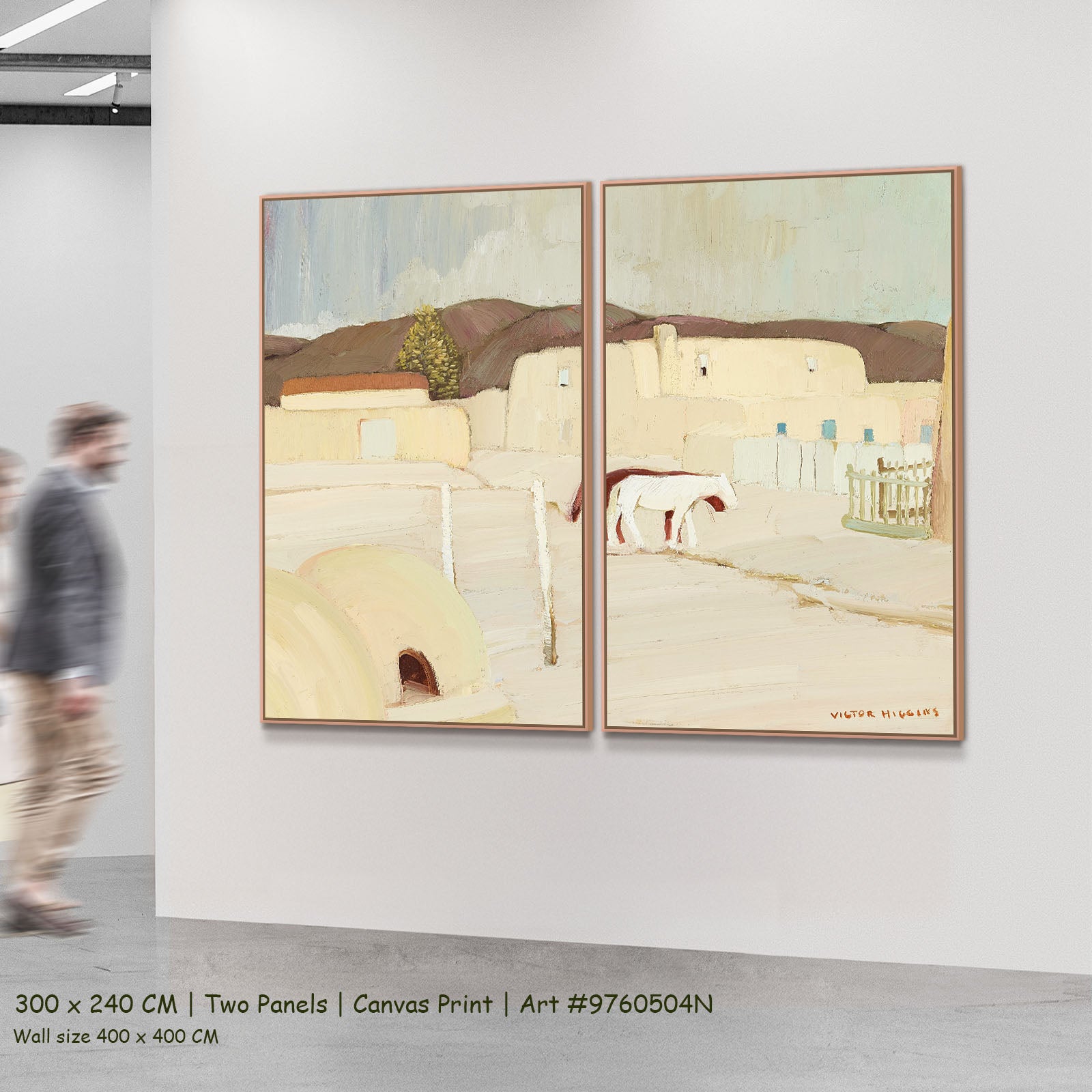 Taos Pueblo Courtyard with Horses by Victor Higgins as a large two-panel white and grey Landscape canvas set
