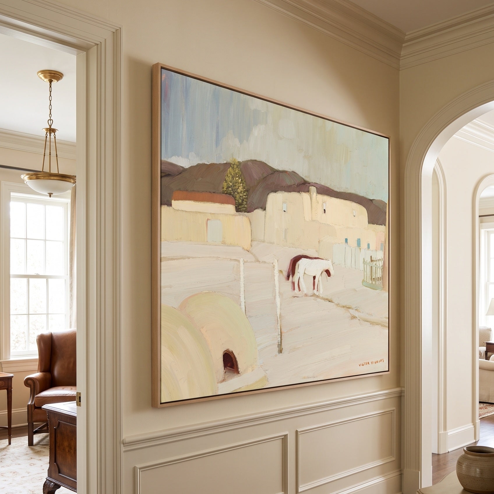 Taos Pueblo Courtyard with Horses by Victor Higgins — large white and grey Landscape canvas art on a hallway wall