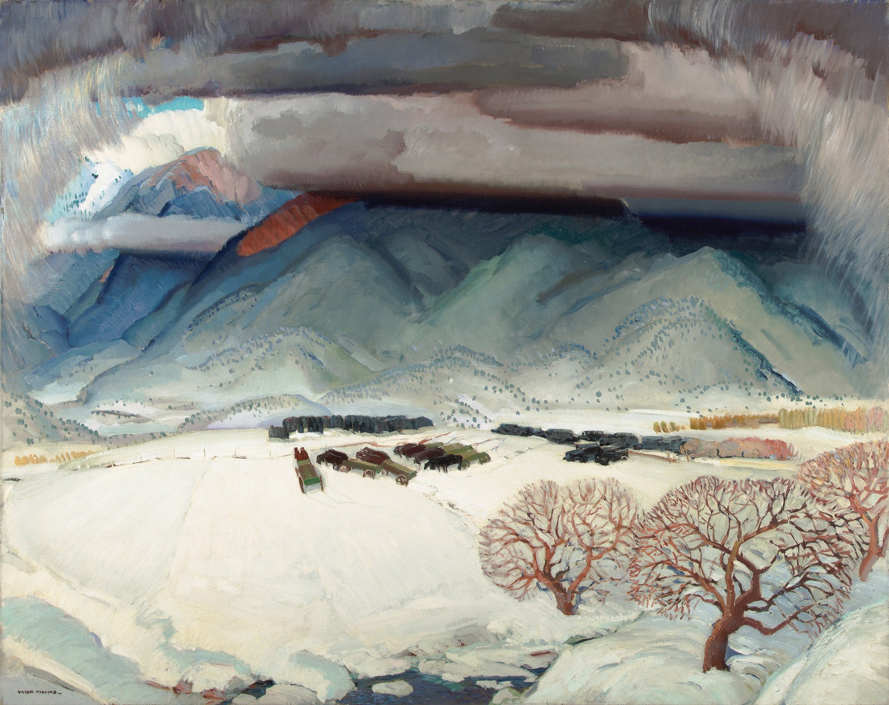 Large blue and grey Landscape canvas print of Winter Funeral by Victor Higgins