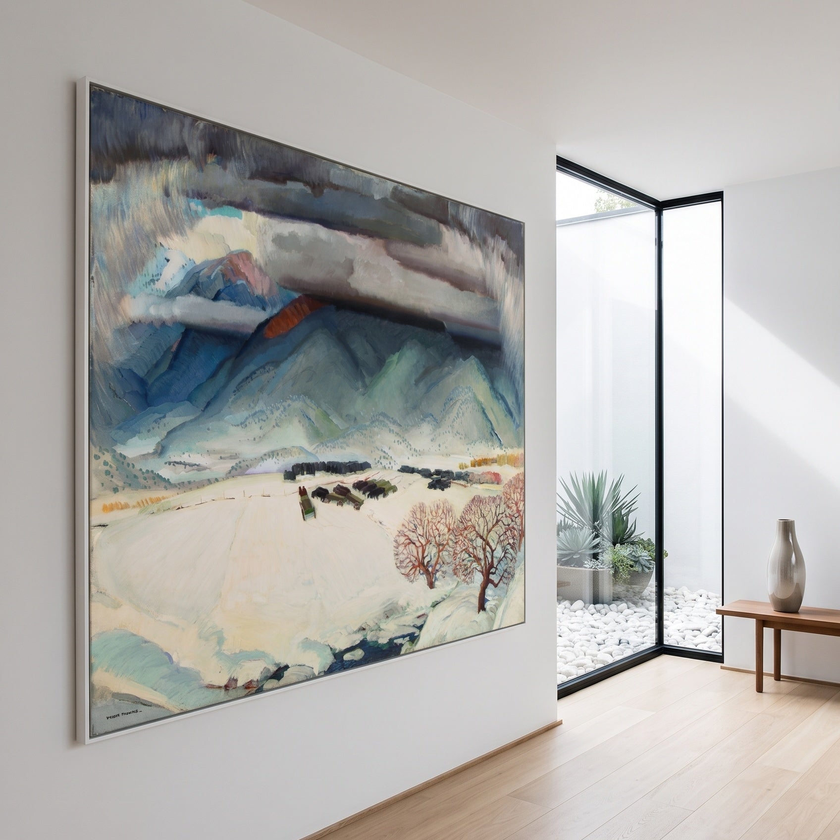 Winter Funeral by Victor Higgins — large blue and grey Landscape canvas art on a entryway wall