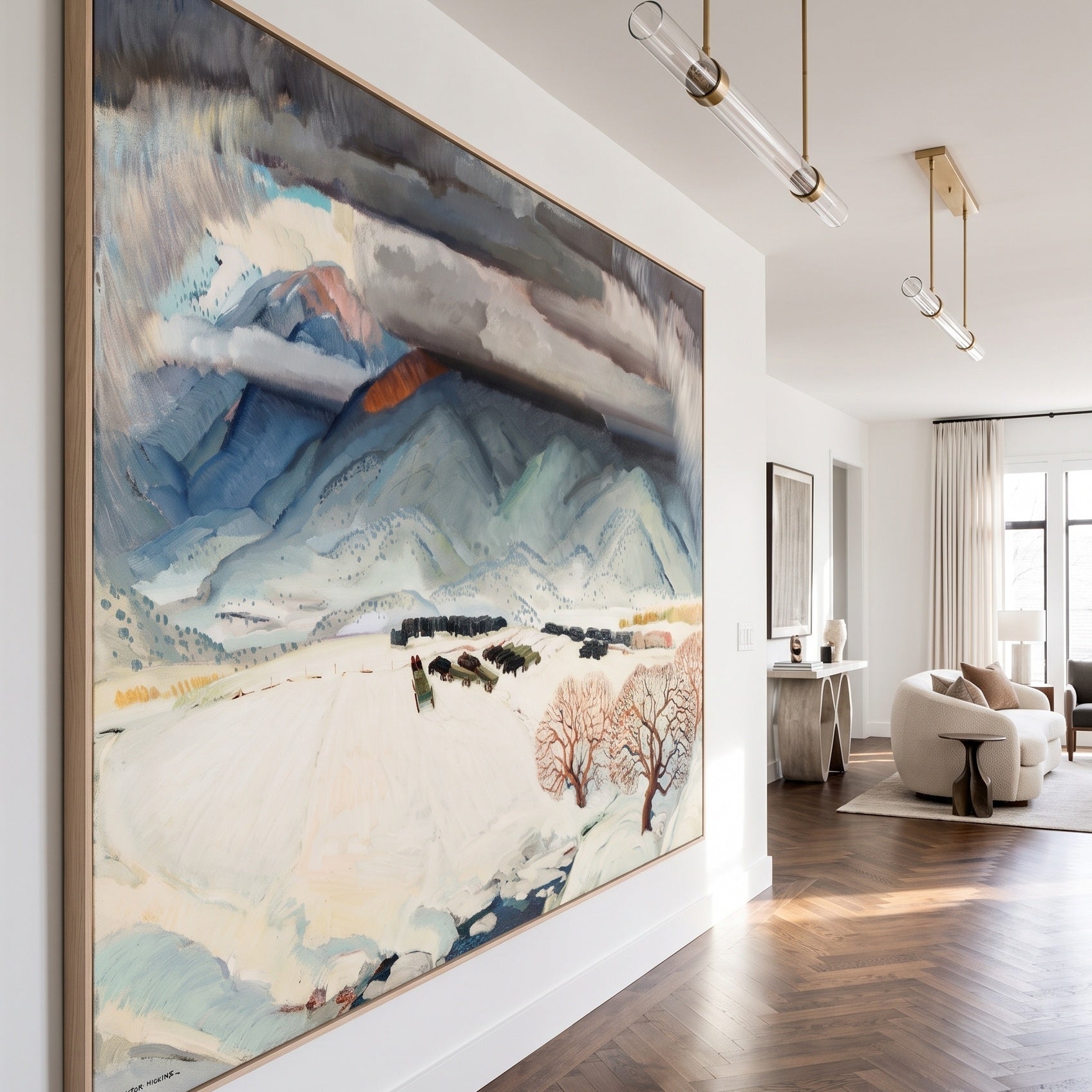 Winter Funeral by Victor Higgins — large blue and grey Landscape canvas art on a hallway wall