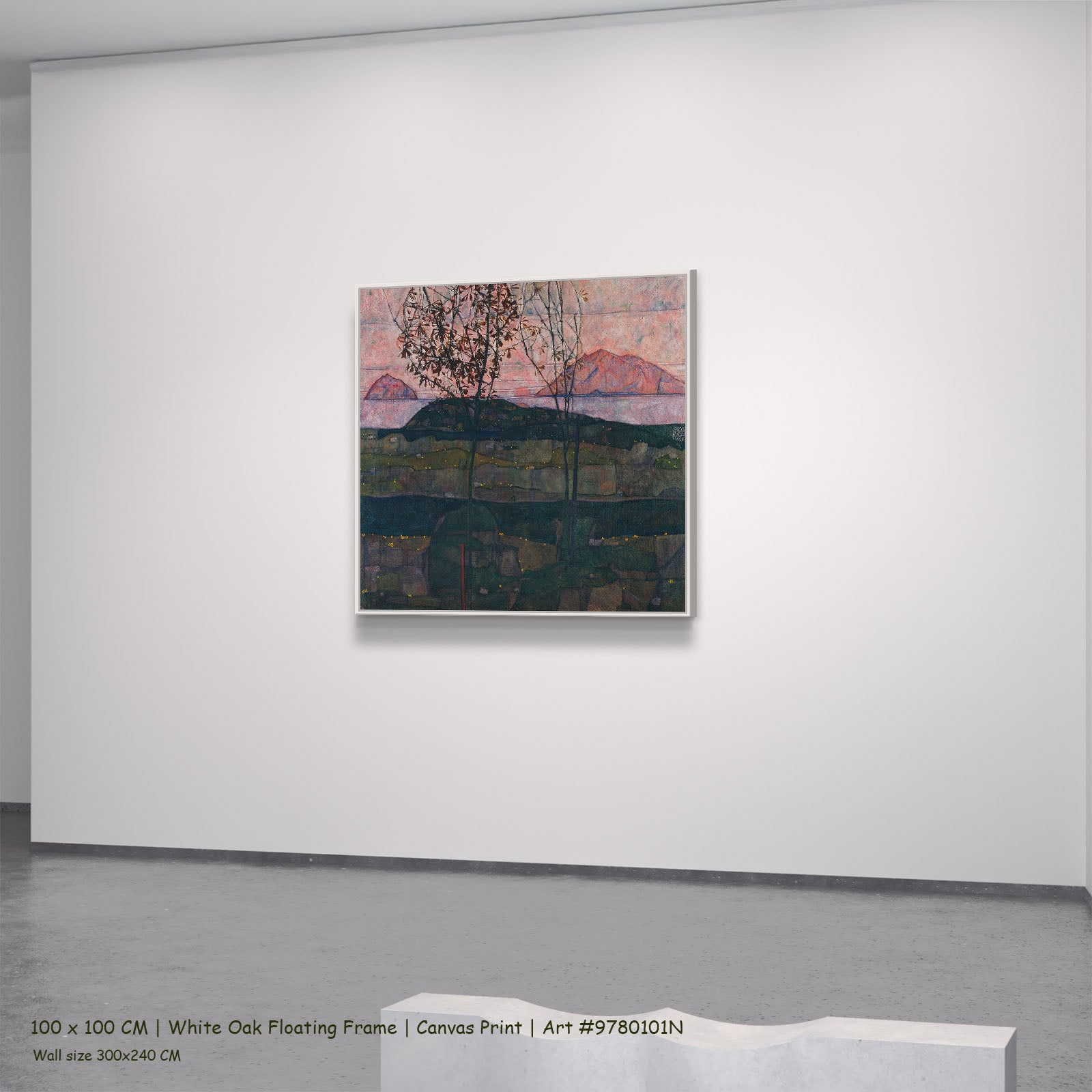Setting Sun by Egon Schiele in a white oak floating frame, large green and pink Expressionist Abstract canvas