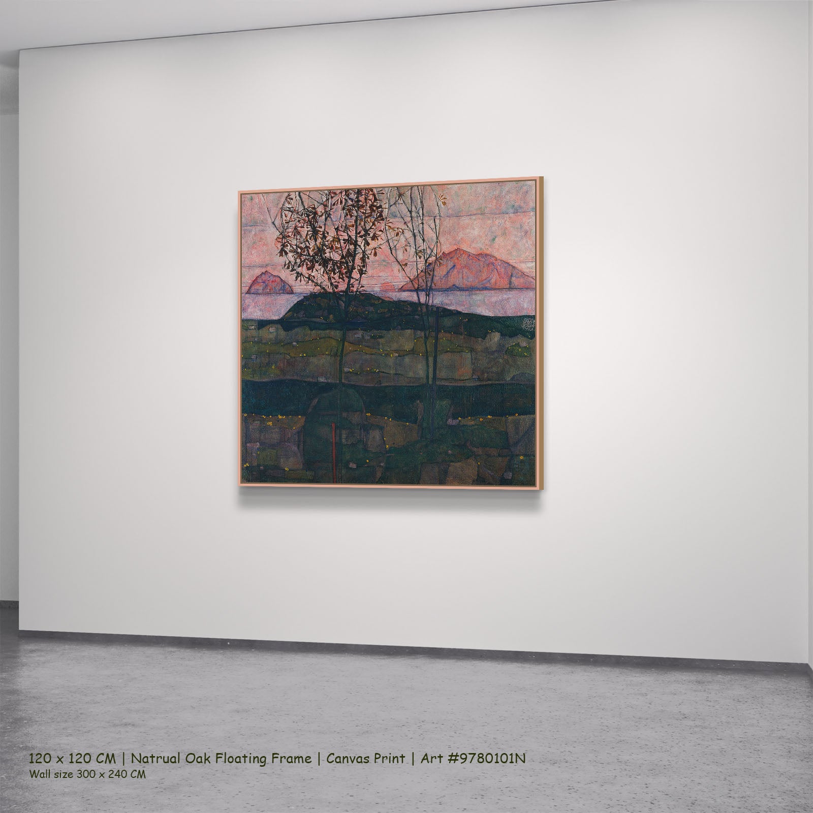 Setting Sun by Egon Schiele in a natural oak floating frame, large green and pink Expressionist Abstract canvas
