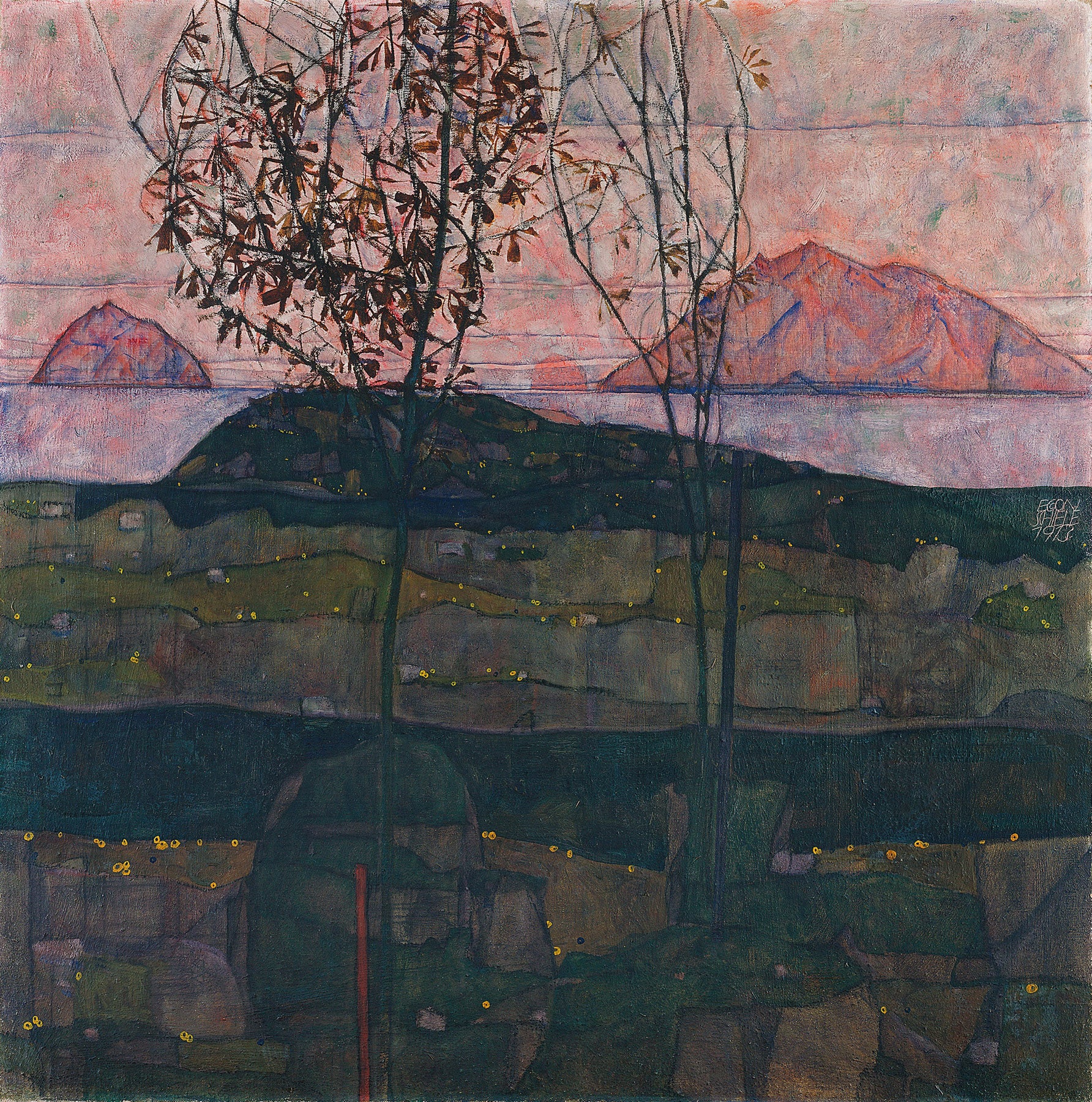 Large green and pink Expressionist Abstract canvas print of Setting Sun by Egon Schiele