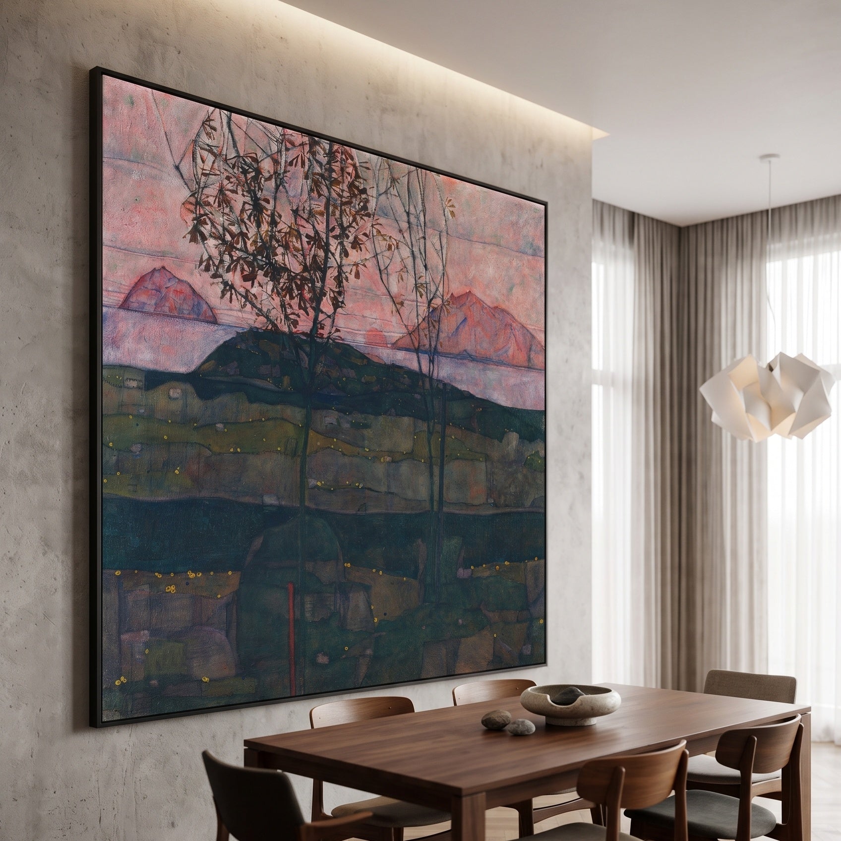 Setting Sun by Egon Schiele — large green and pink Expressionist Abstract canvas art displayed on a wall