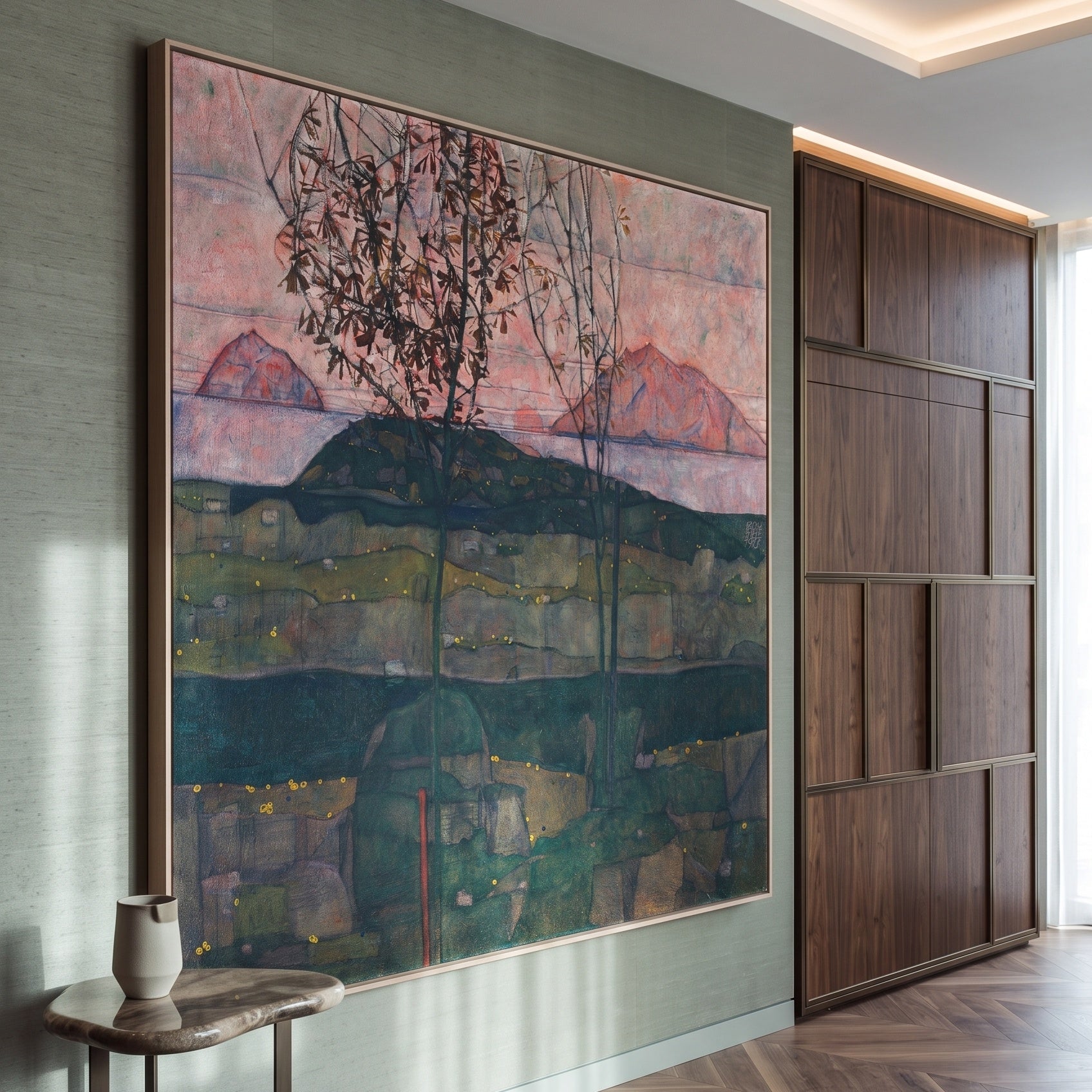 Setting Sun by Egon Schiele — large green and pink Expressionist Abstract canvas art on a entryway wall