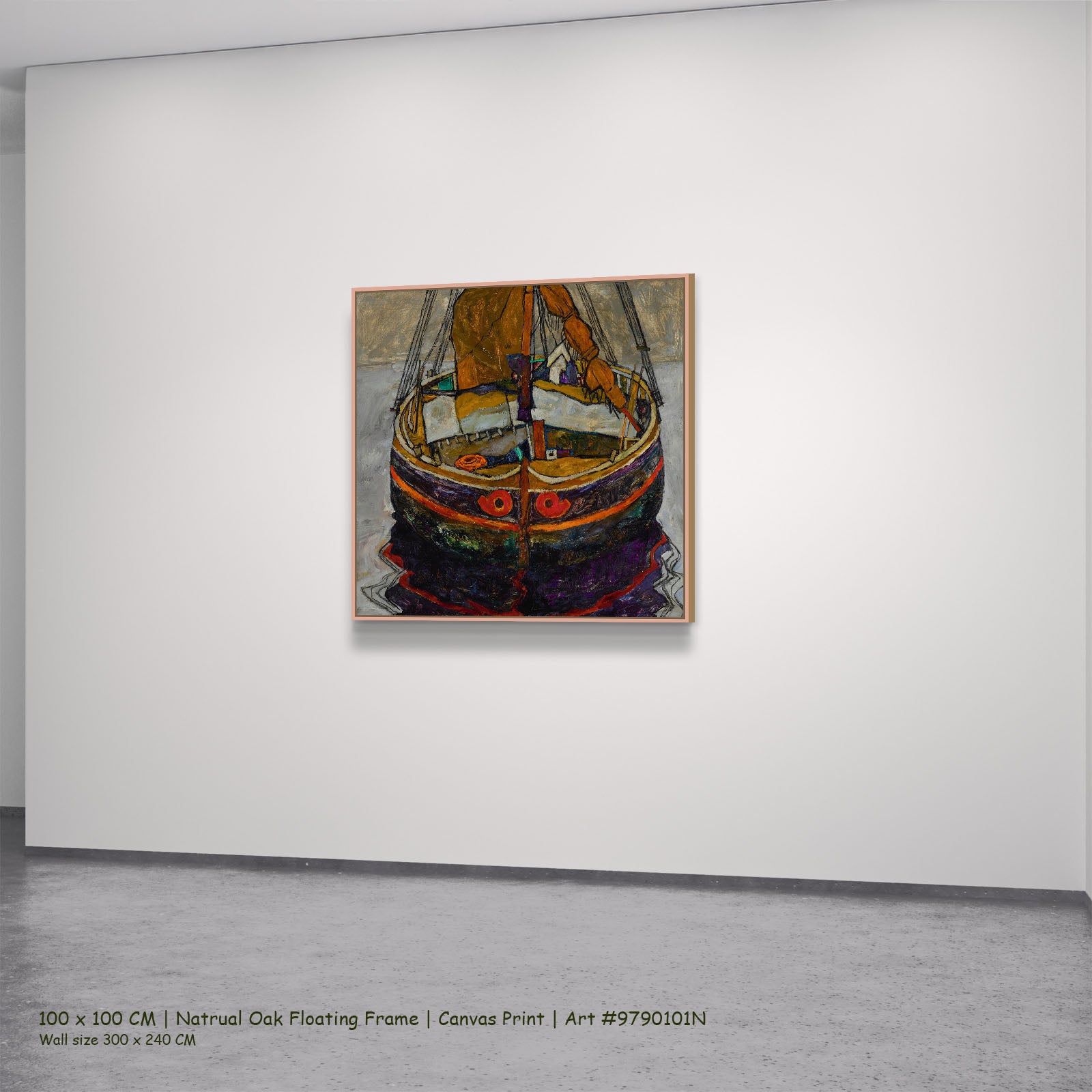 Trieste Fishing Boat by Egon Schiele in a natural oak floating frame, large brown and grey Expressionist Abstract canvas