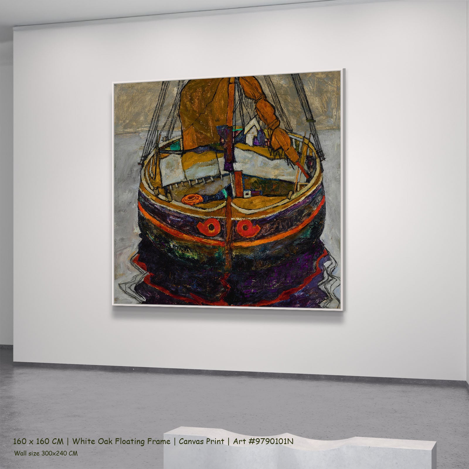 Trieste Fishing Boat by Egon Schiele in a white oak floating frame, large brown and grey Expressionist Abstract canvas