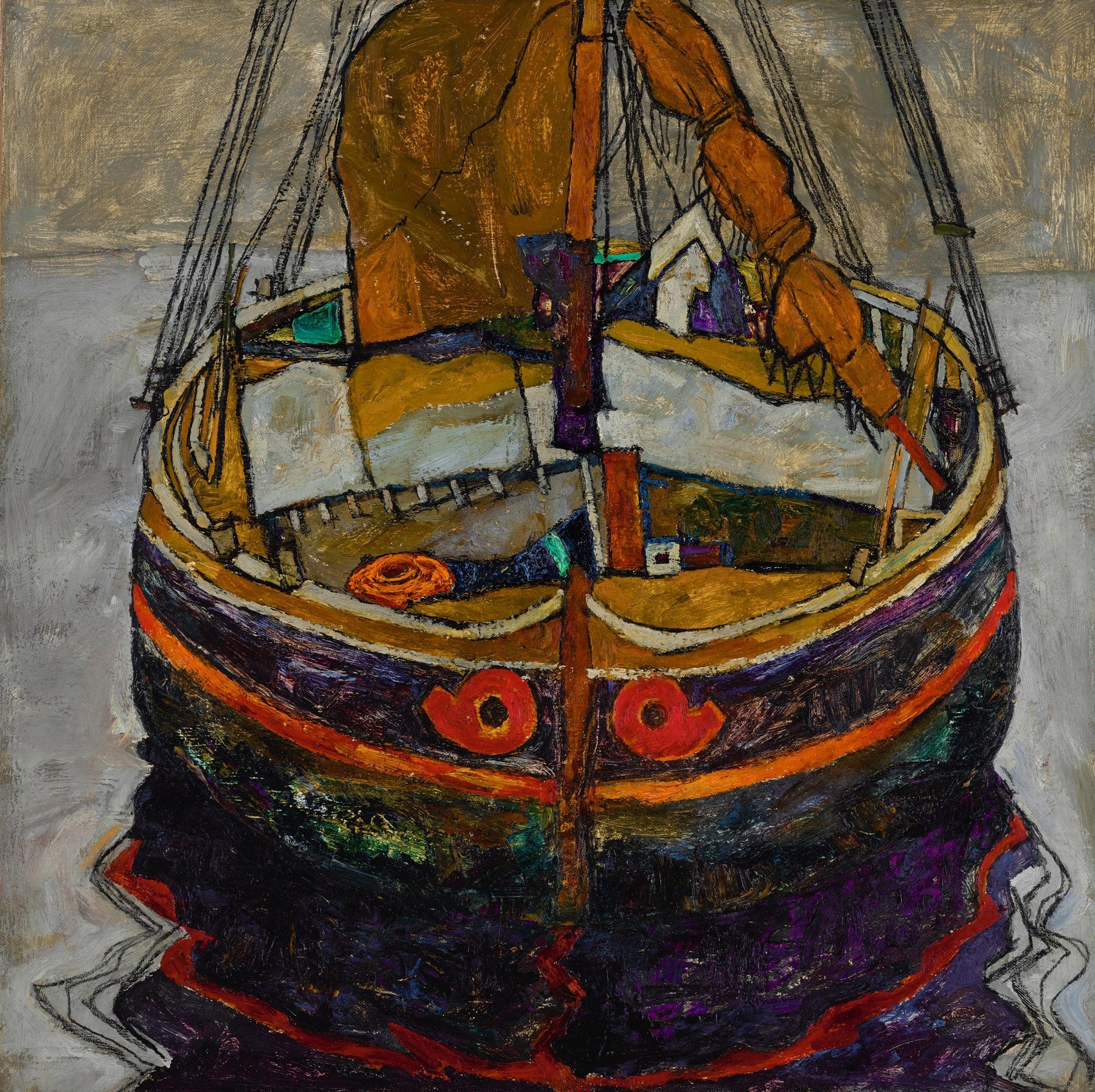 Large brown and grey Expressionist Abstract canvas print of Trieste Fishing Boat by Egon Schiele