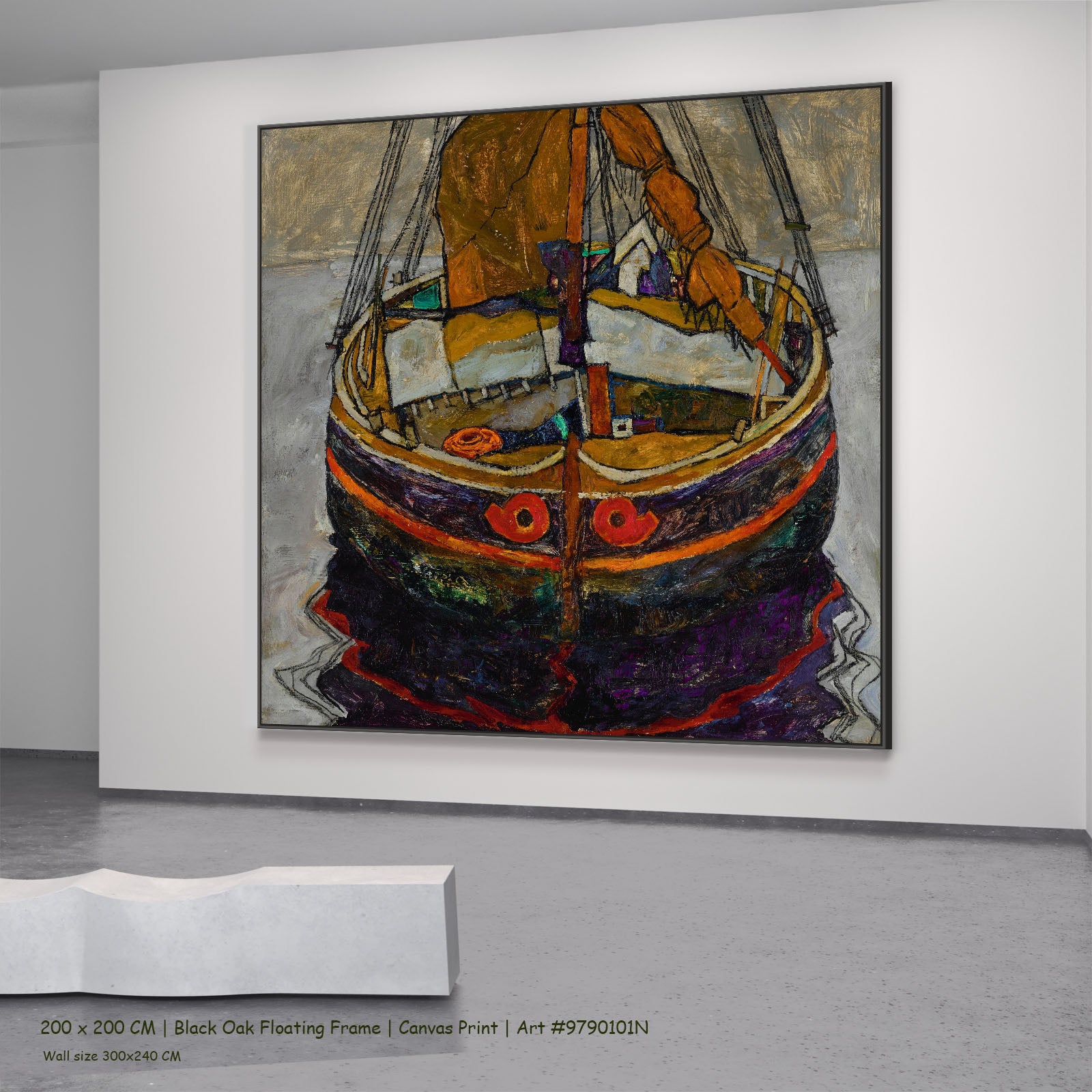Trieste Fishing Boat by Egon Schiele in a black oak floating frame, large brown and grey Expressionist Abstract canvas